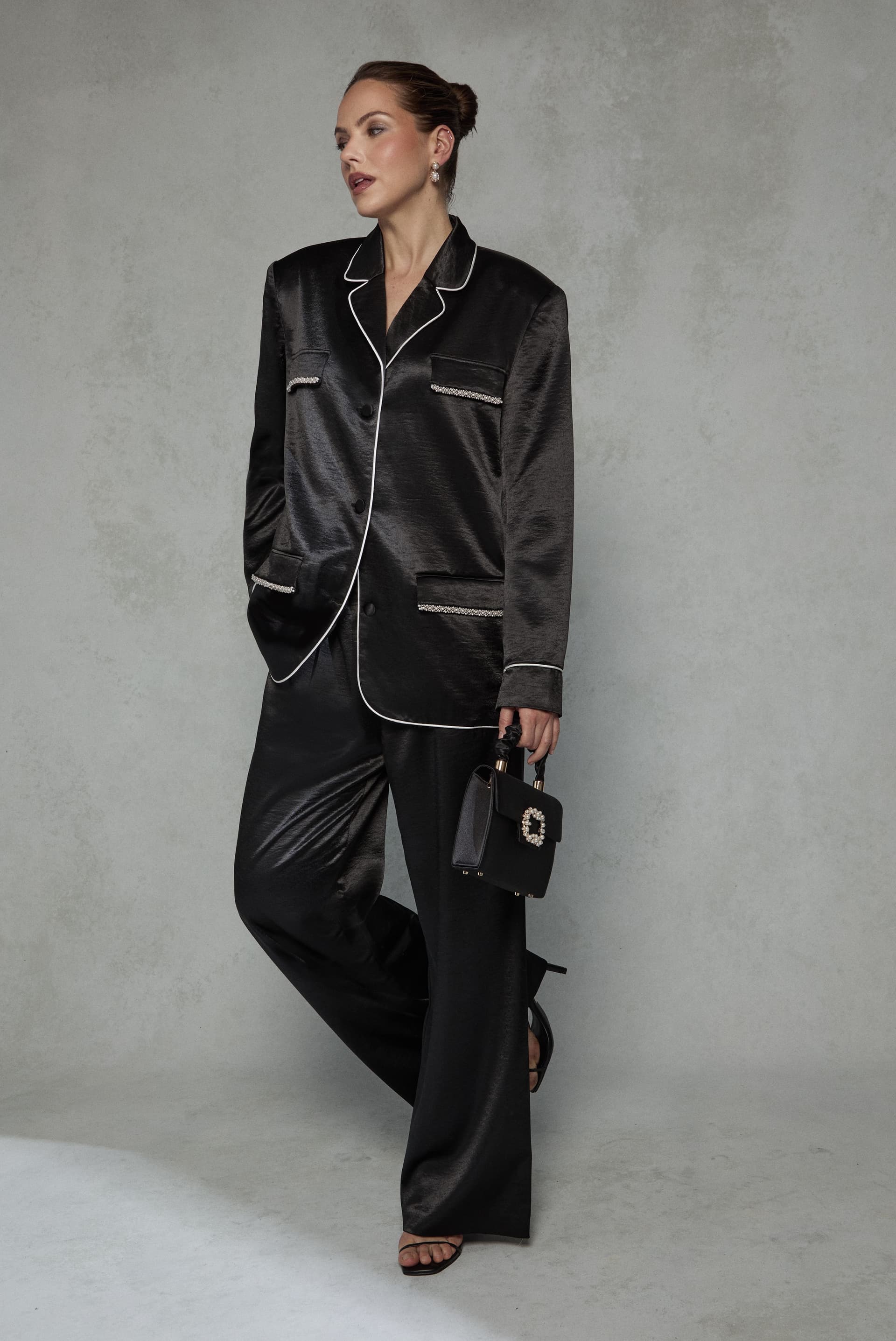 Wallis Wallis Women's Satin Wide Leg Trouser Co ord in Black