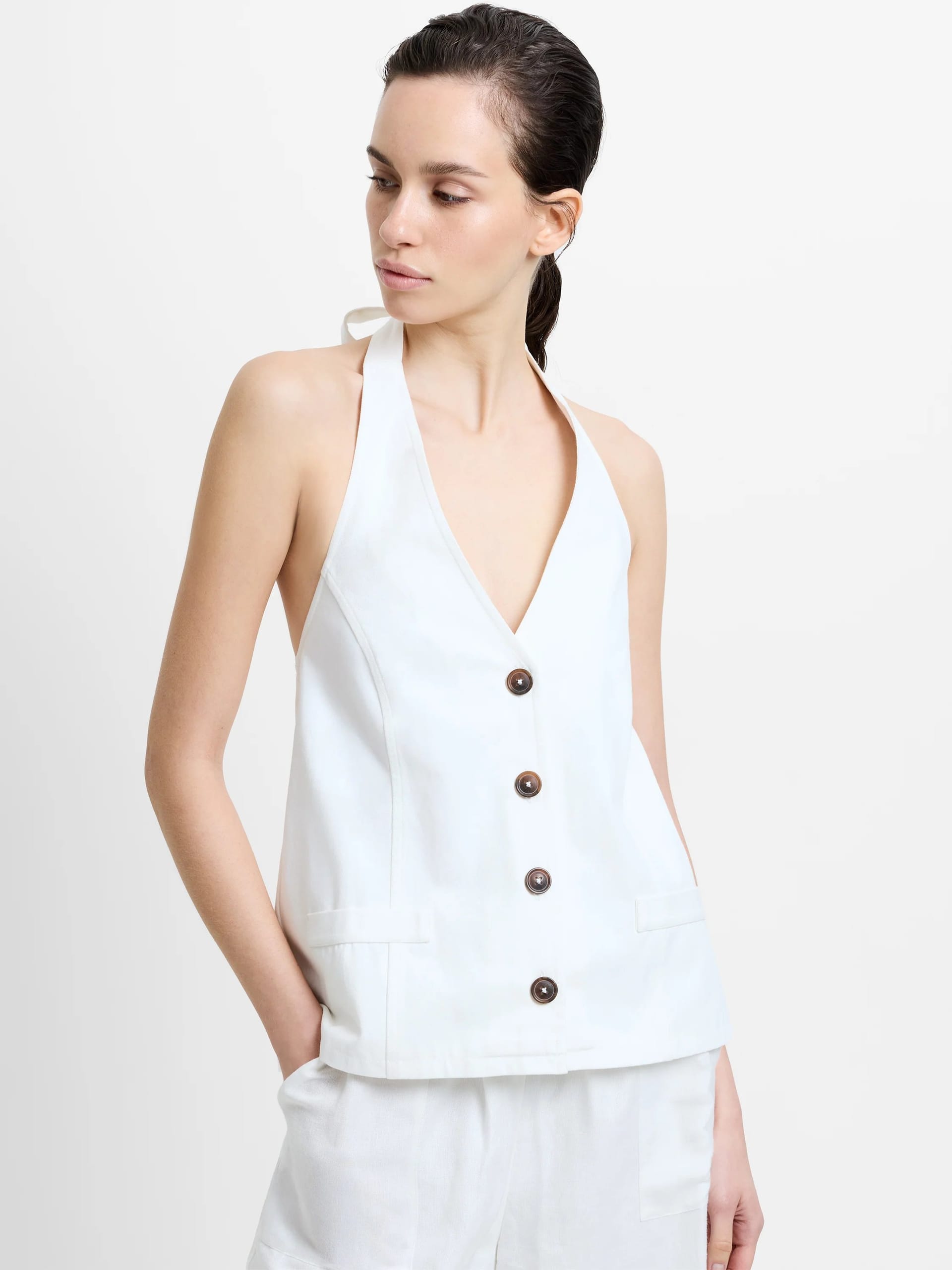 French Connection White Cotton Twill Halterneck Top