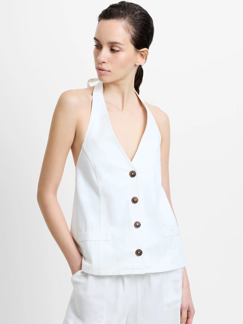 French Connection Keller Cotton Twill Button-Down Halterneck Top Summer White - 1