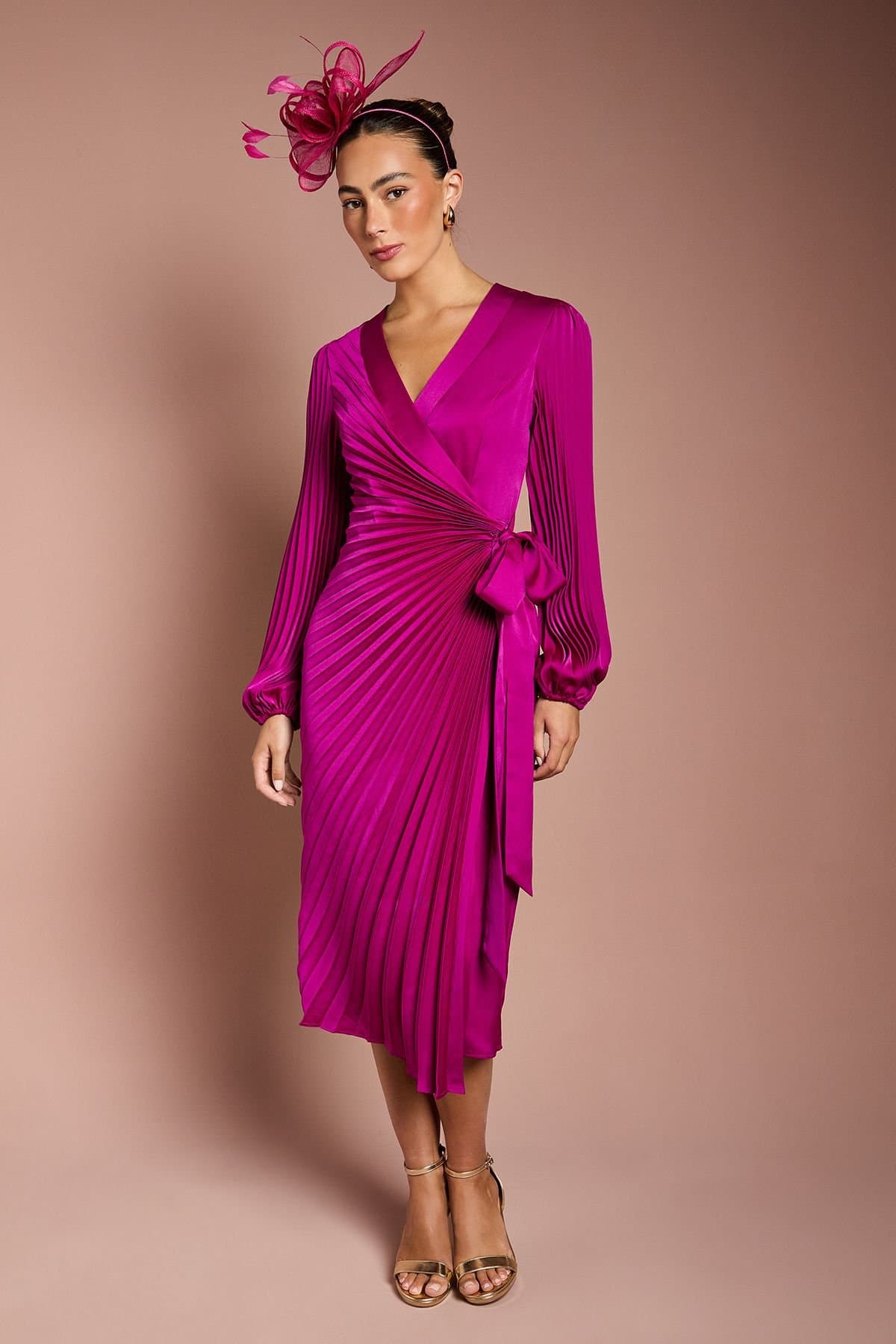 Coast Coast Women's Satin Pleated Wrap Dress in Berry