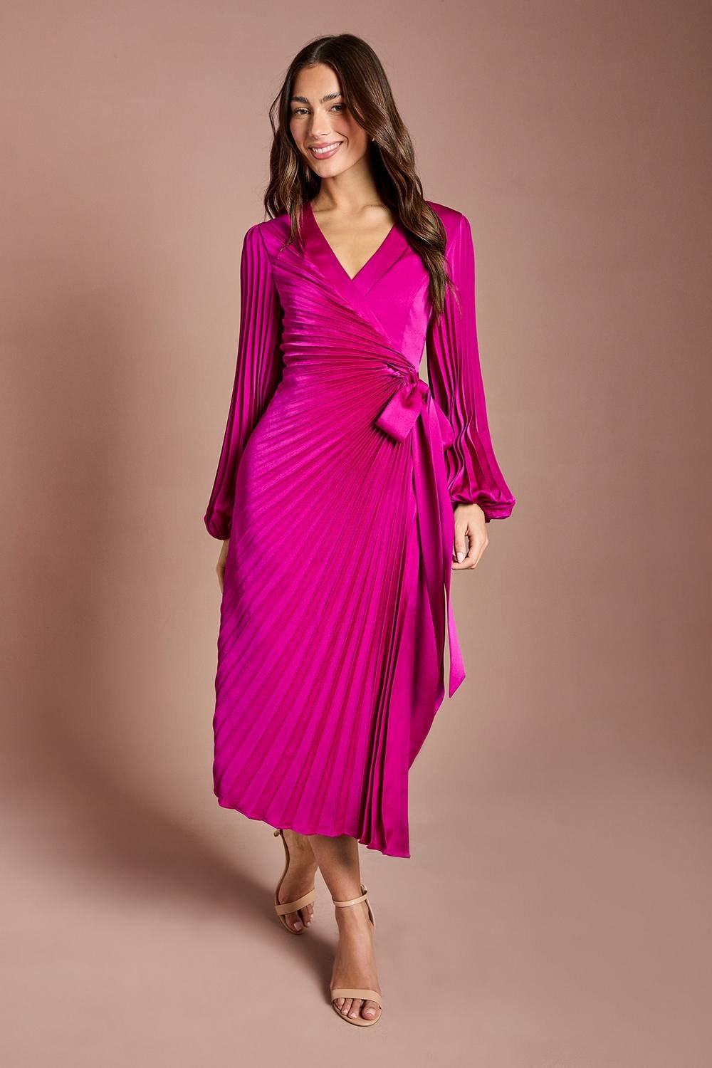 Coast Coast Women's Satin Pleated Wrap Dress in Berry - 3