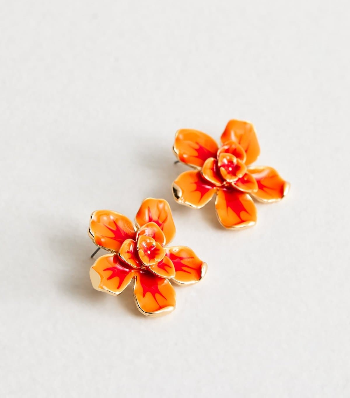 New Look Orange Gold Tone Enamel Large Flower Earrings New Look