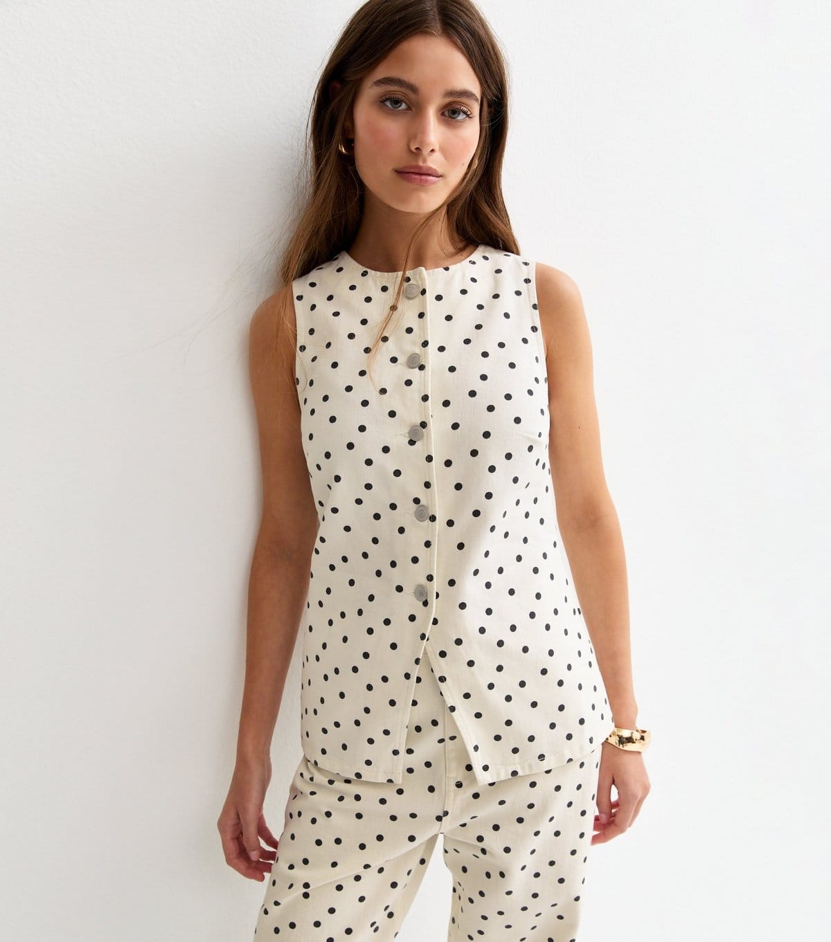 Women's White Denim Polka Dot Longline Waistcoat New Look