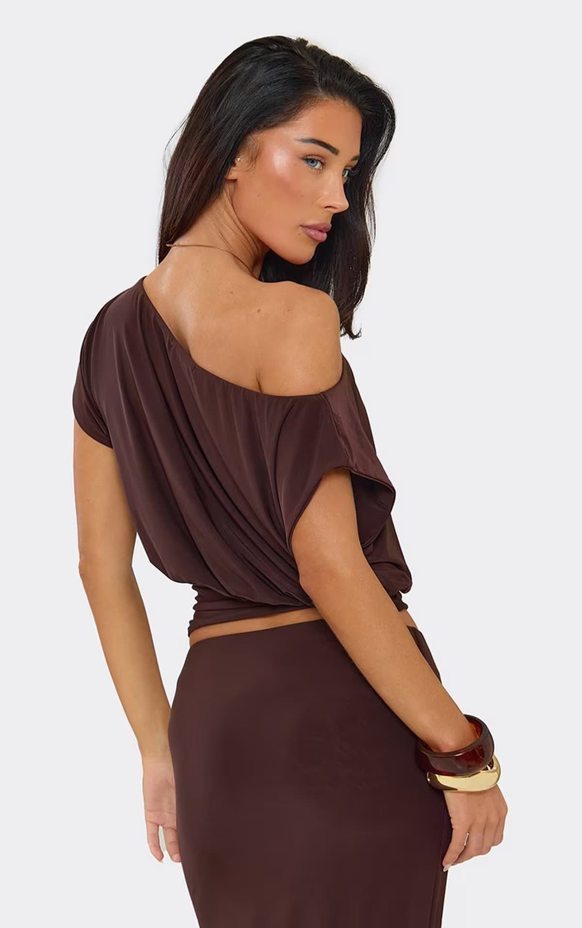 EGO One Shoulder Asymmetric Blouson Top In Brown, Women's Size UK 6