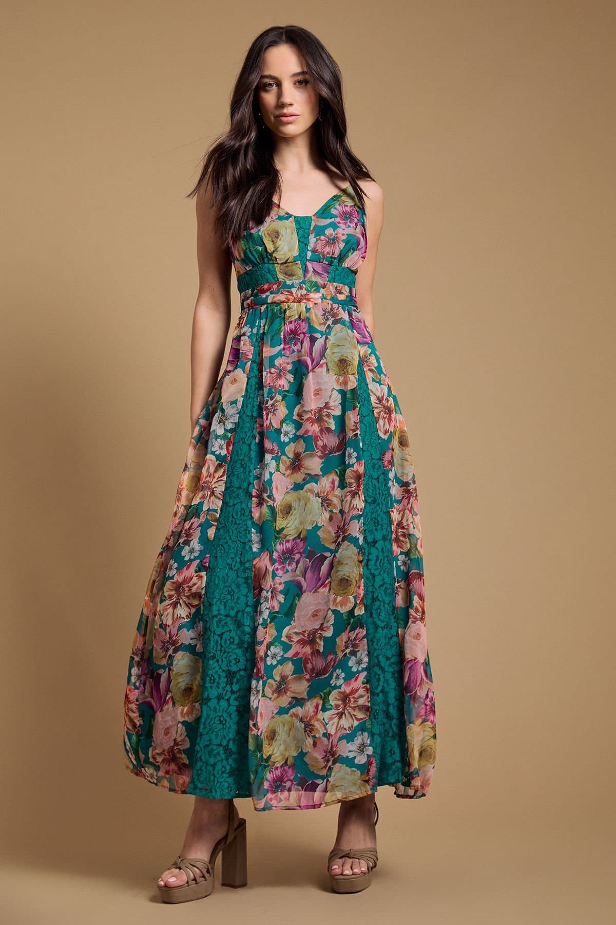 Oasis Oasis Women's Lace Panelled Waist Pleated Maxi Dress in Green