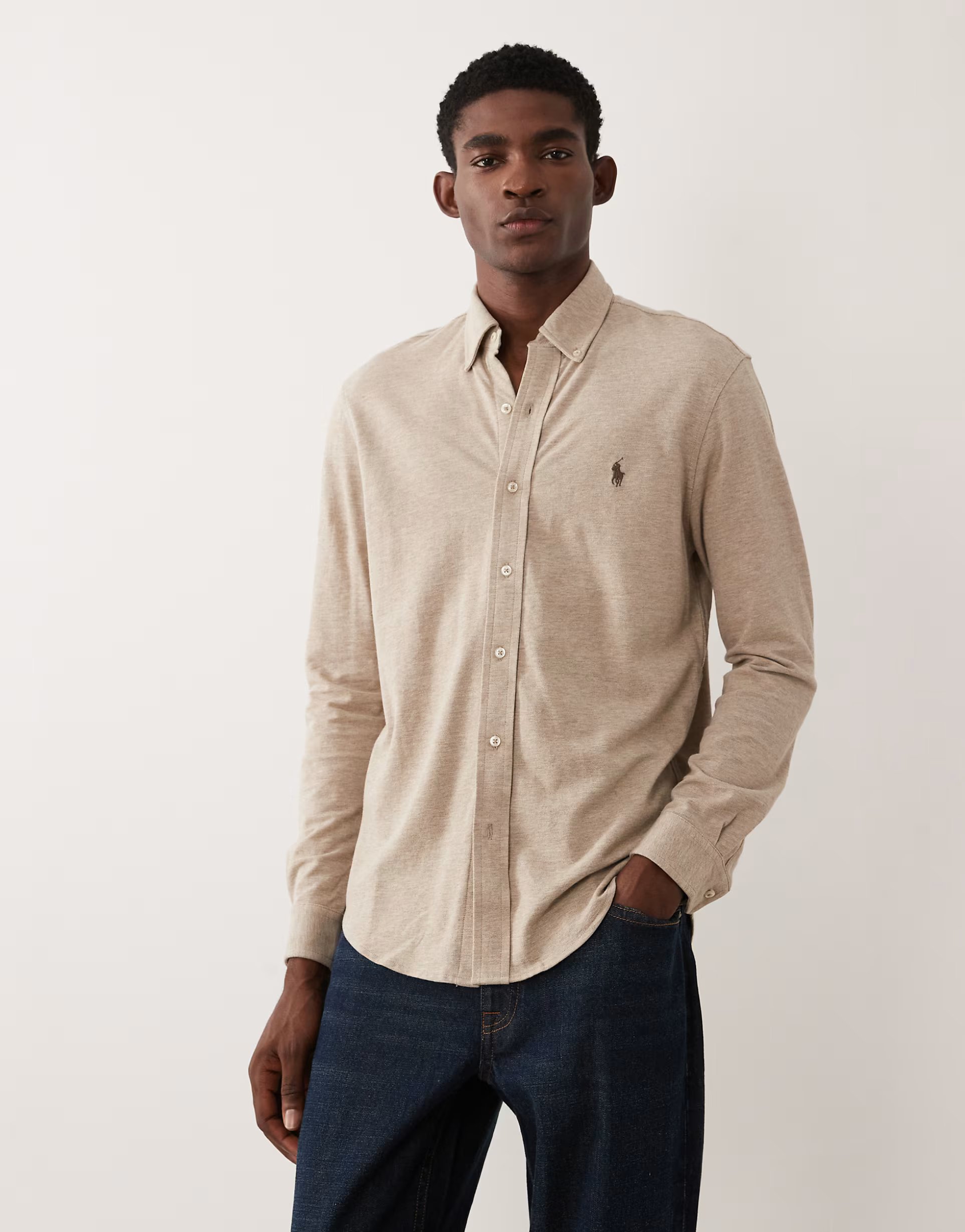 ASOS Polo Ralph Lauren icon logo long sleeve cotton shirt in beige
