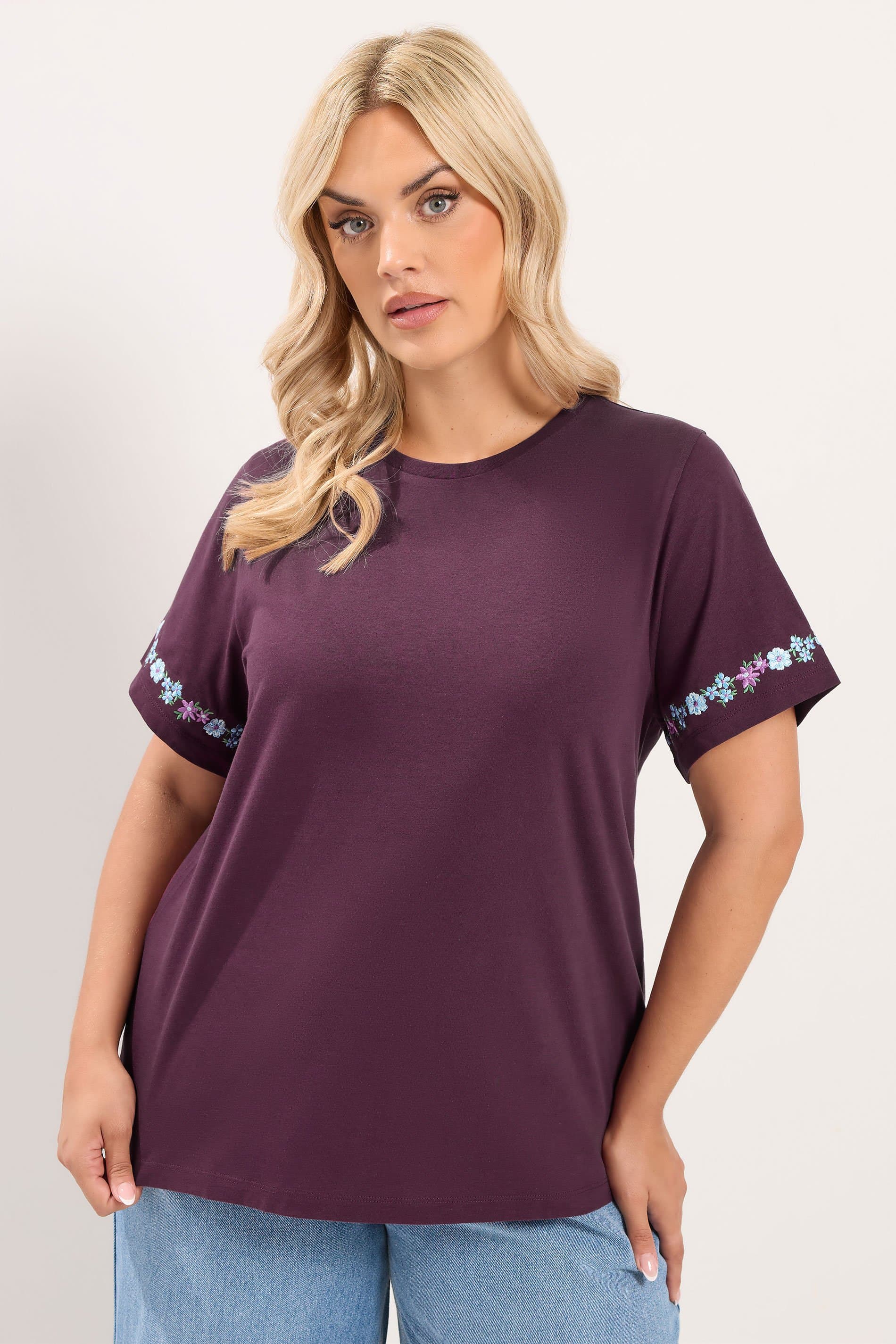 Yours Plus Size Purple Embroidered Floral Sleeve Detail Tshirt