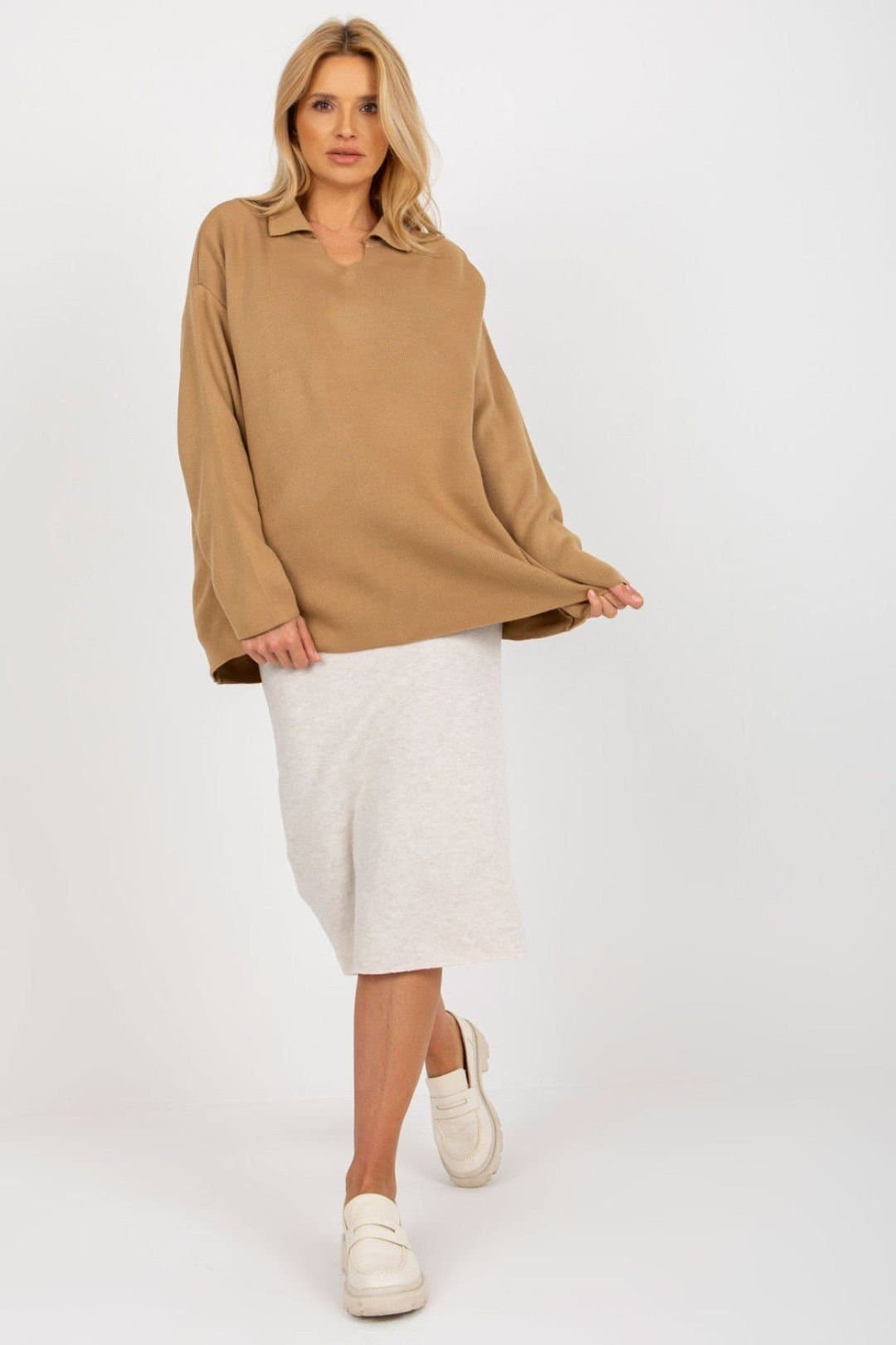 Love Lace Love Lace Camel Heart Neck Loose Fit Long Sleeve Sweater