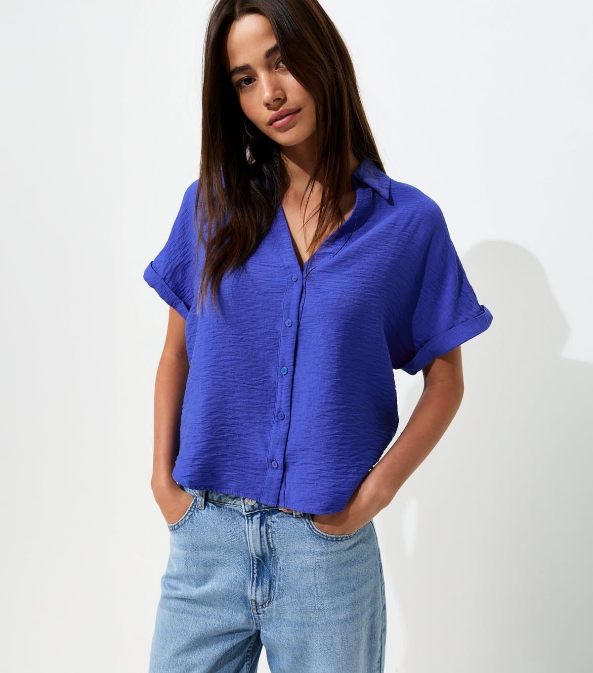 New Look Women's Dark Blue Collared V Neck Short Shirt New Look