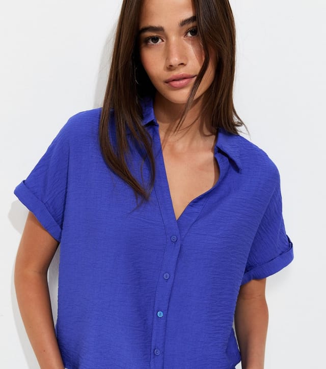 New Look Women's Dark Blue Collared V Neck Short Shirt New Look - 2