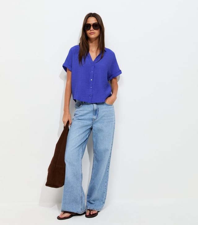 New Look Women's Dark Blue Collared V Neck Short Shirt New Look - 3