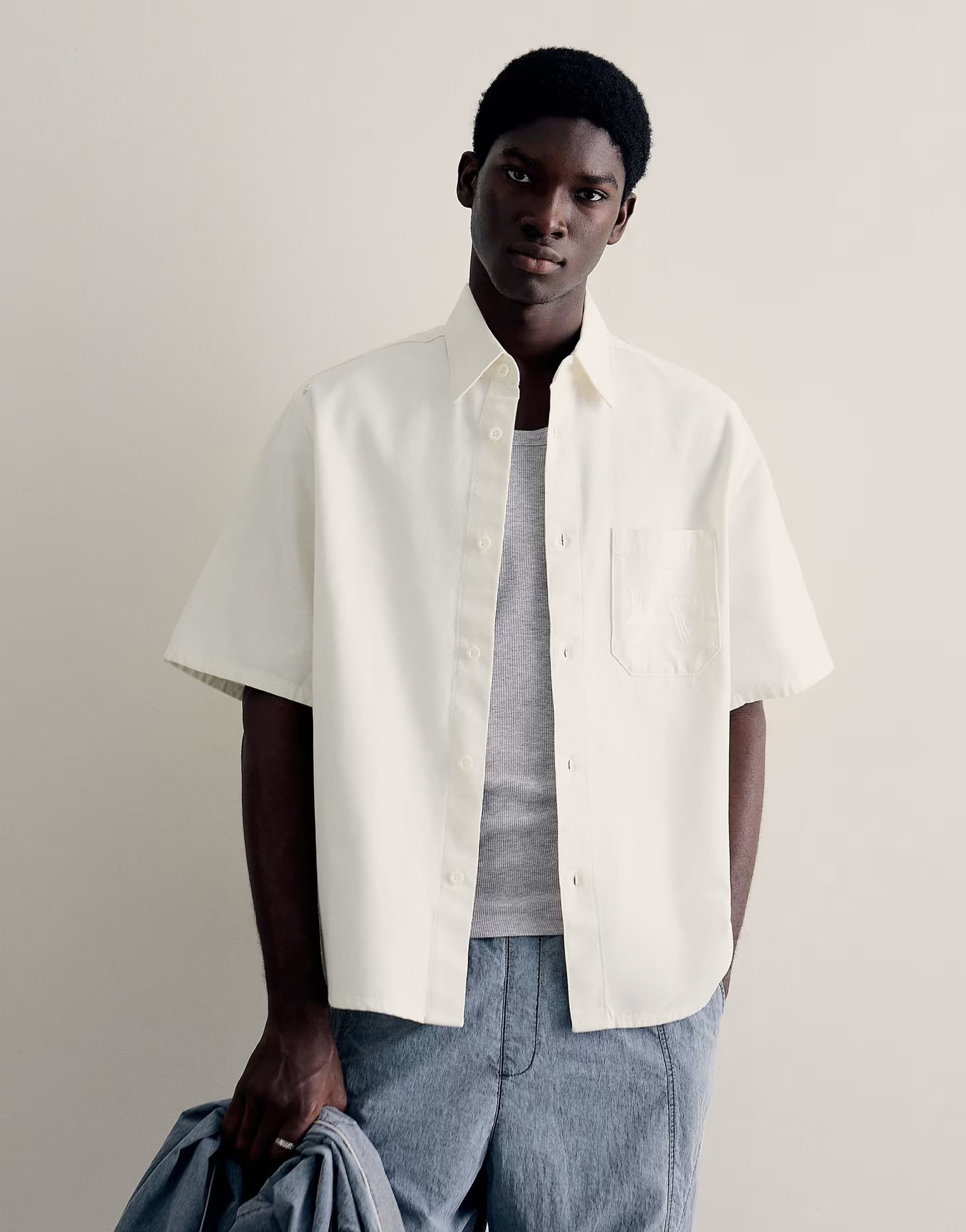 ASOS Bershka Embroidered boxy short sleeve shirt in white