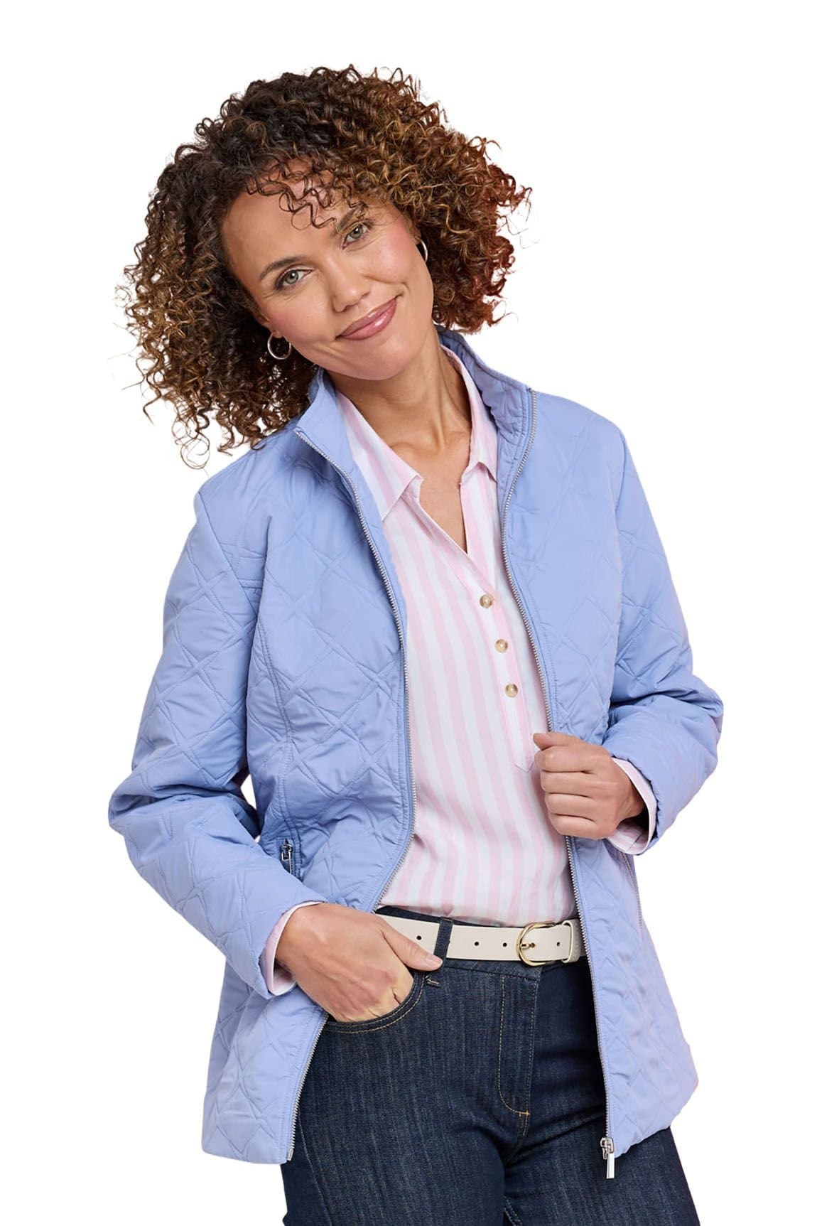 Amber Amber Women's Mock Quilt Showerproof Zip Jacket with Concealed Hood, Lightweight in Blue