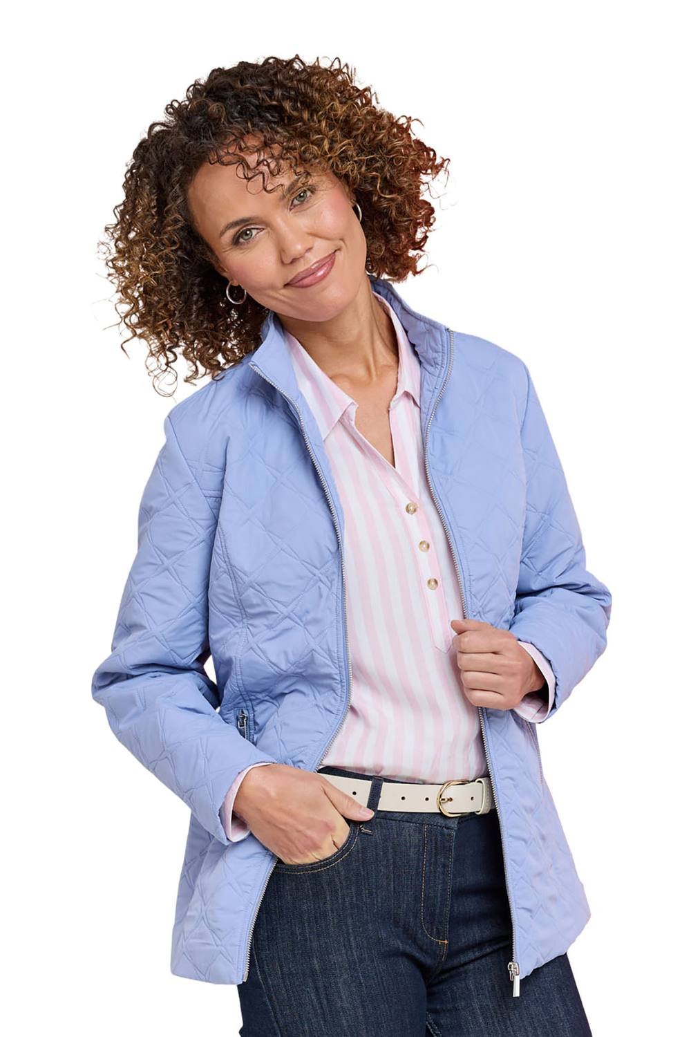 Amber Amber Women's Mock Quilt Showerproof Zip Jacket with Concealed Hood, Lightweight in Blue - 2