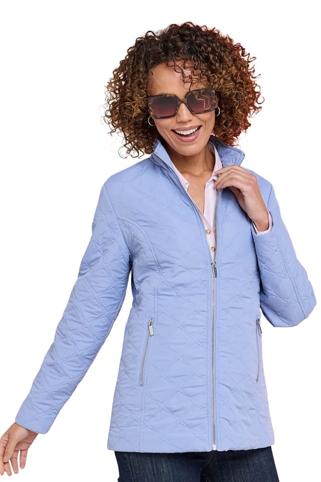 Amber Amber Women's Mock Quilt Showerproof Zip Jacket with Concealed Hood, Lightweight in Blue - 2