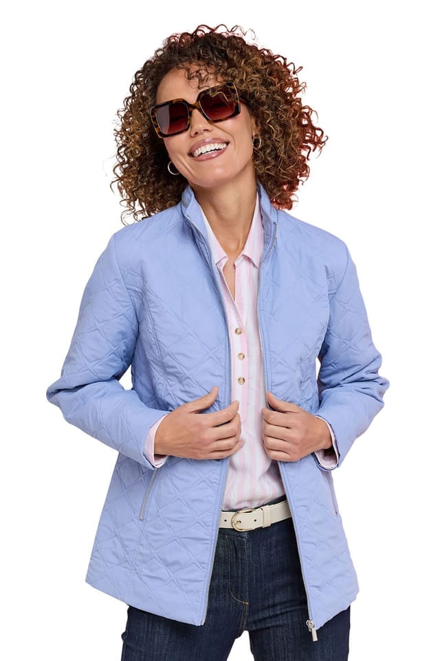 Amber Amber Women's Mock Quilt Showerproof Zip Jacket with Concealed Hood, Lightweight in Blue - 3