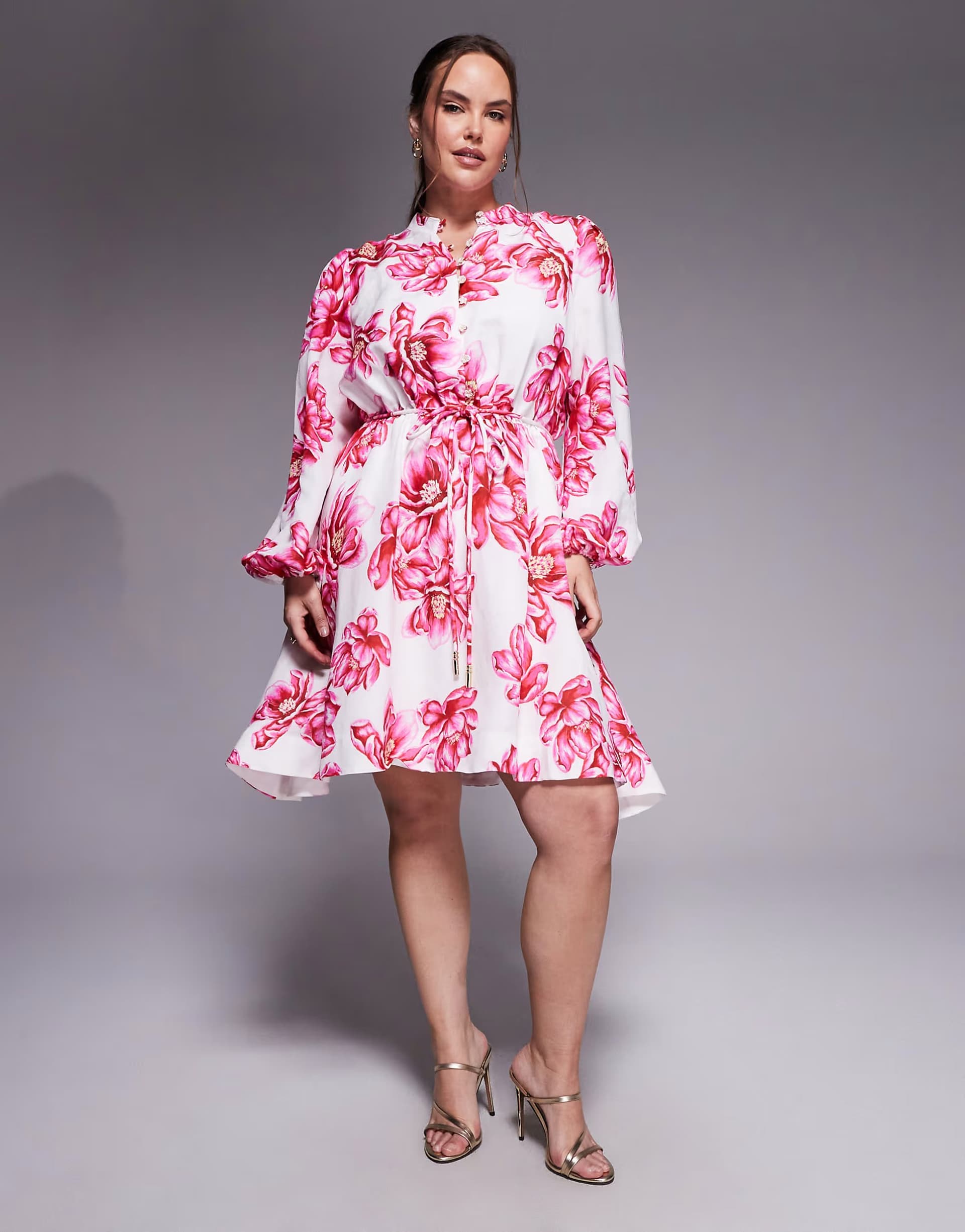 ASOS Forever New Curve button down tie detail skater mini dress in pink floral