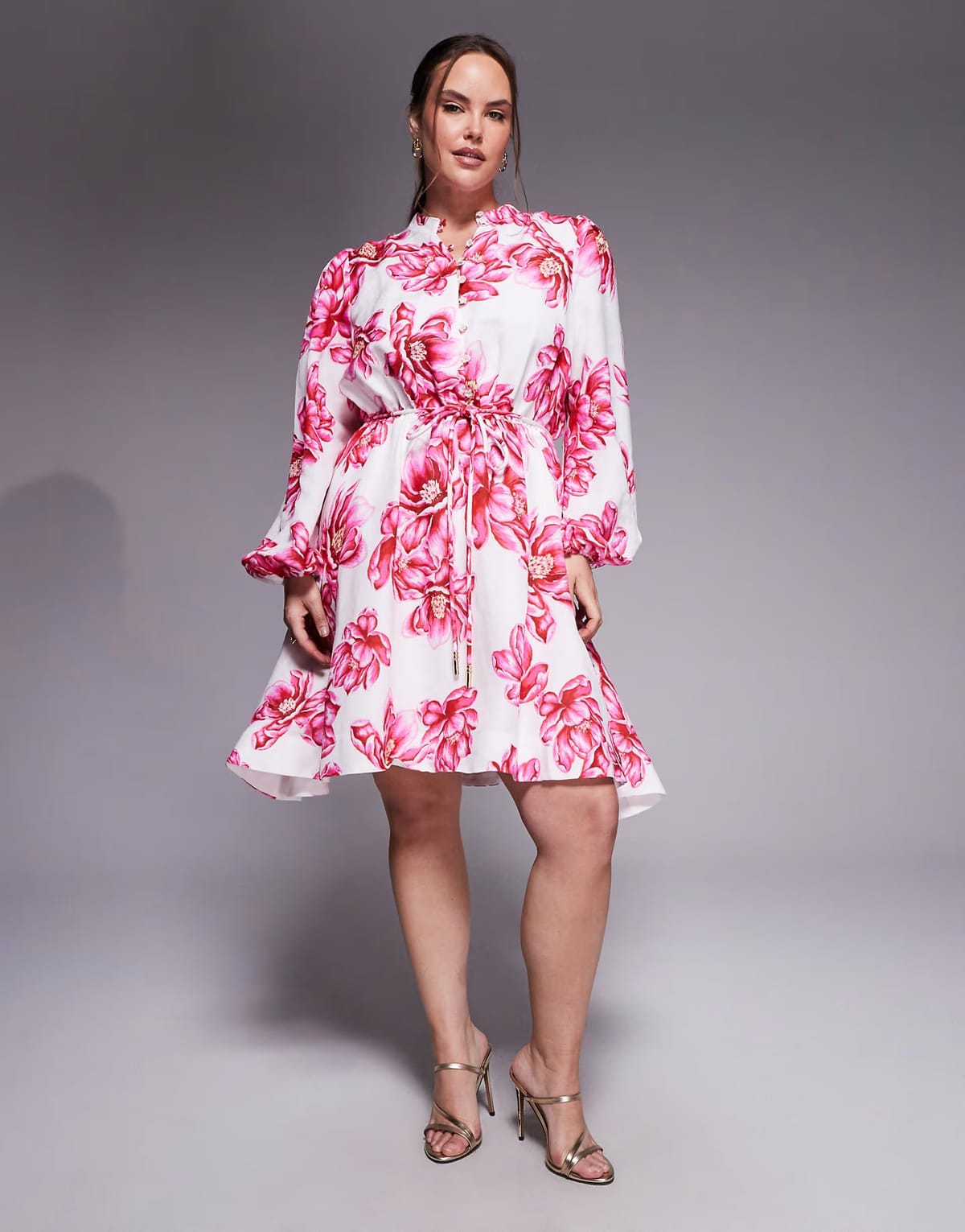 ASOS Forever New Curve button down tie detail skater mini dress in pink floral - 1