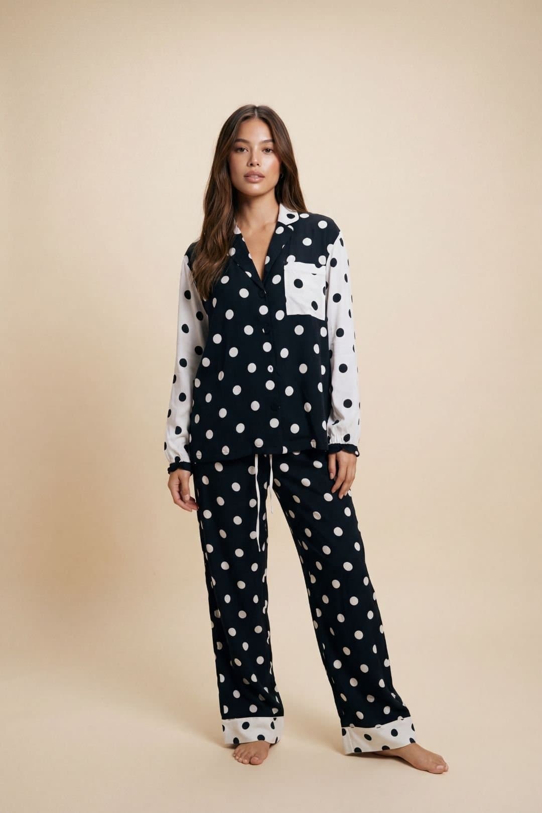 The Night Store The Night Store Women's Polka Dot Viscose Pyjama Trouser Set in Black