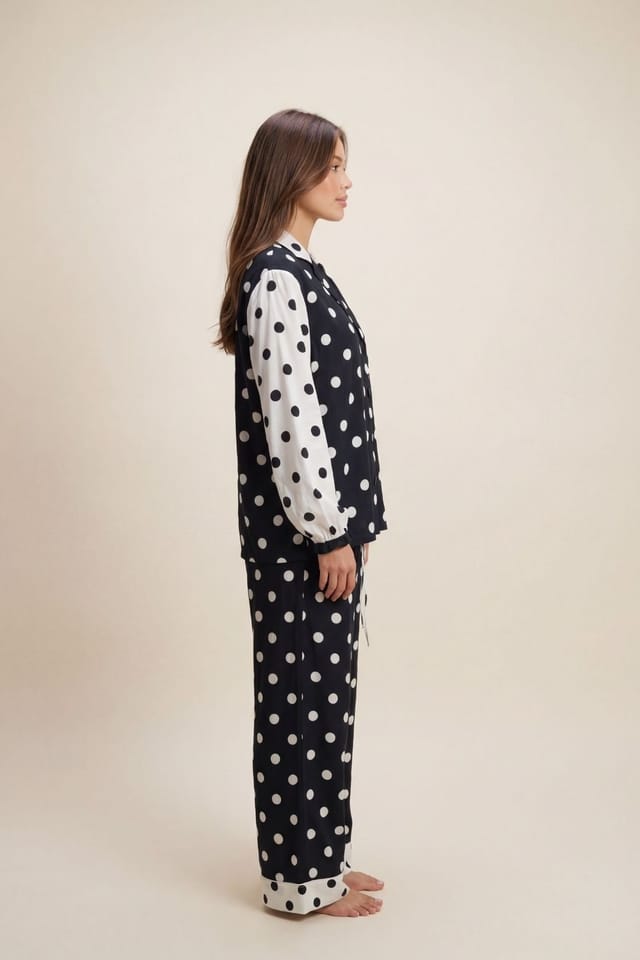 The Night Store The Night Store Women's Polka Dot Viscose Pyjama Trouser Set in Black - 2