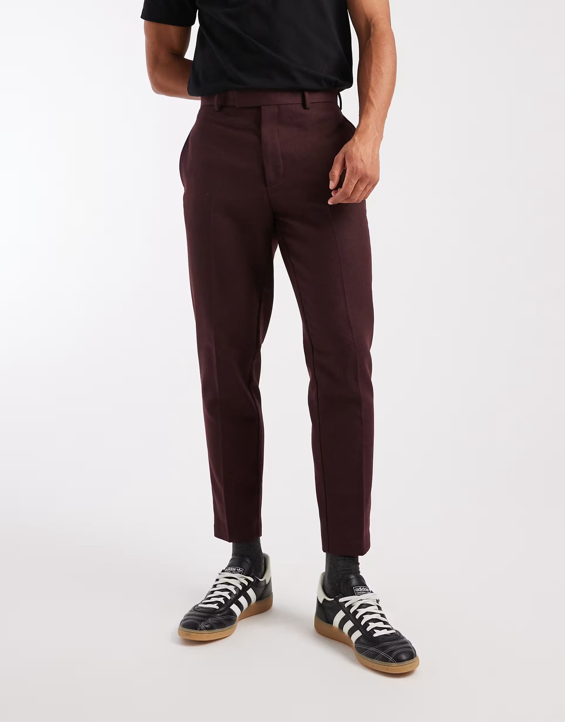 ASOS ASOS DESIGN smart wool mix tapered trousers in burgundy