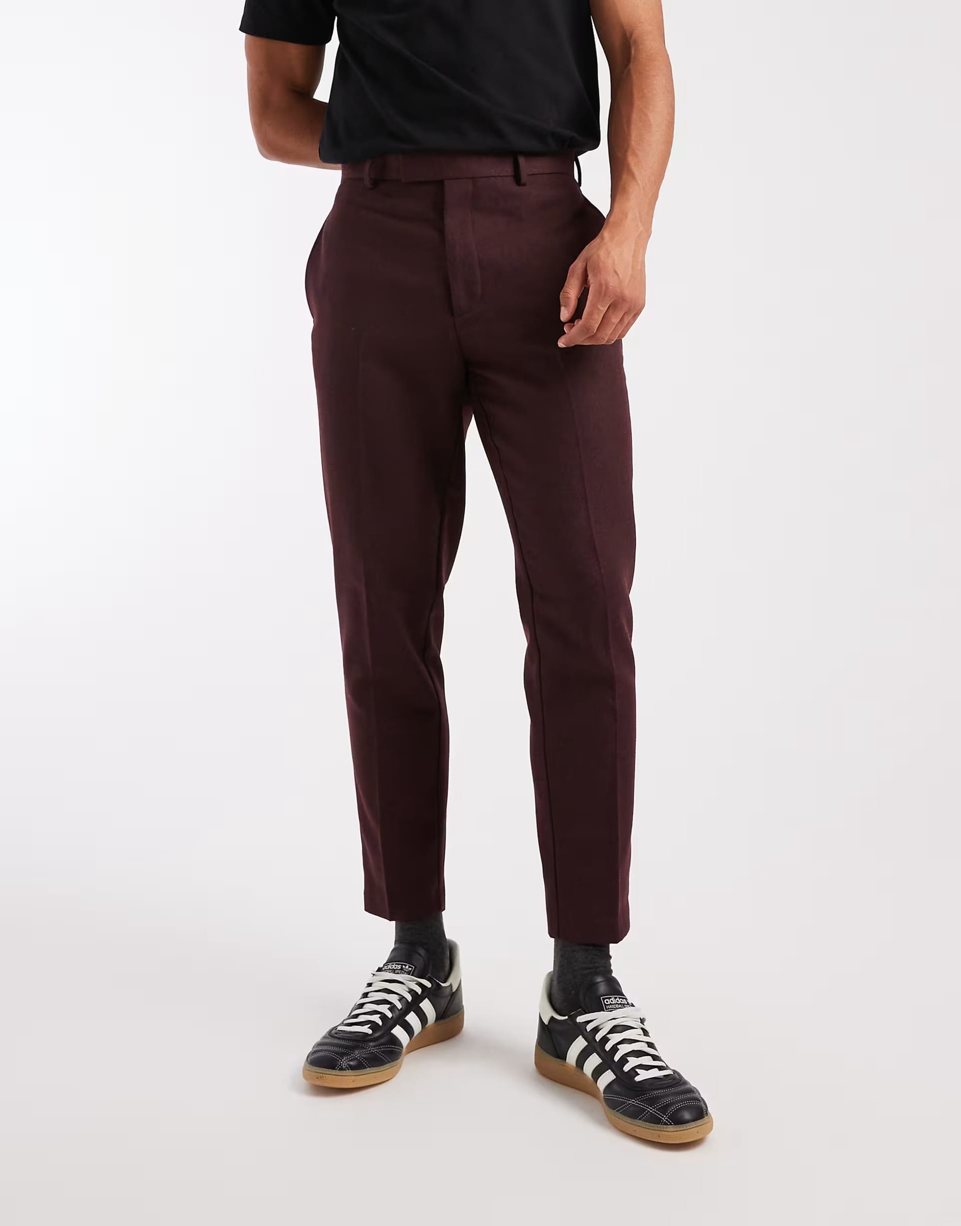 ASOS Smart Wool Mix Tapered Trousers in Burgundy