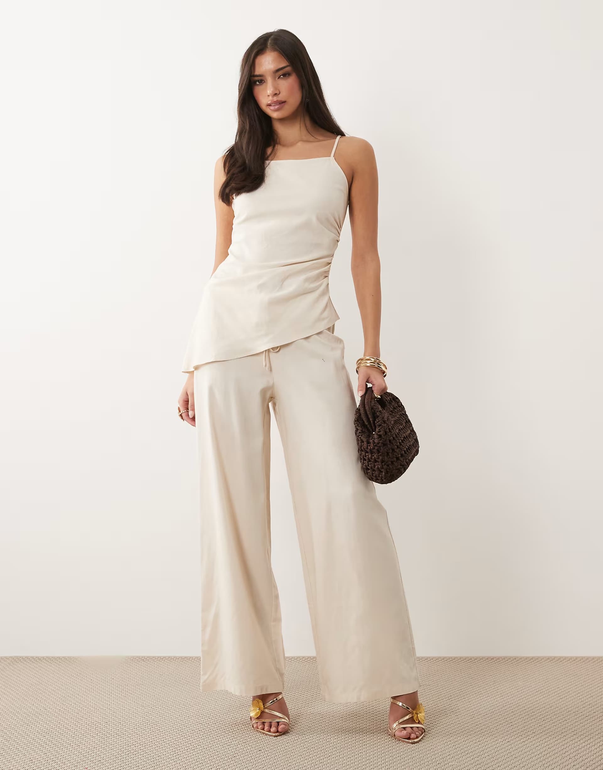 ASOS Kaiia exclusive linen square neck gathered asymmetric longline top and wide leg trousers co-ord in cream