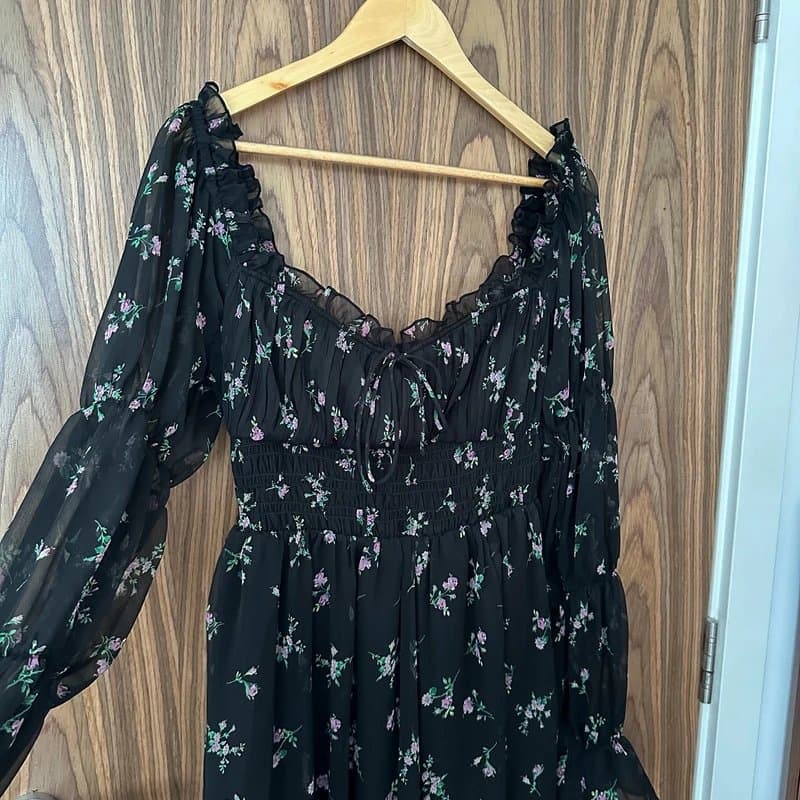 ASOS ASOS Black Floral Milkmaid Frill Long Sheer Sleeve Shirred Midi Dress 10