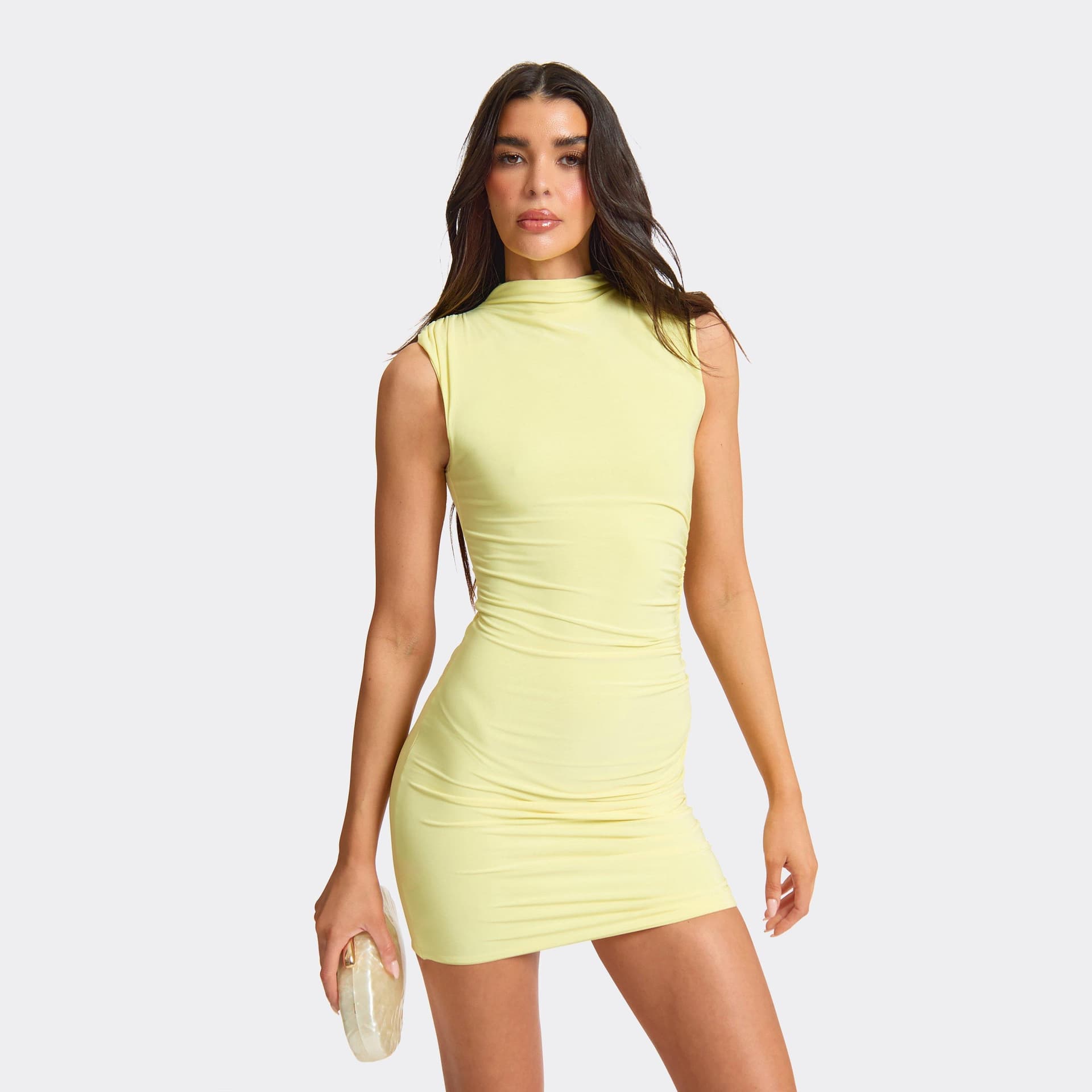 EGO High Neck Shoulder Pad Detail Ruched Mini Dress In Lemon Slinky, Women's Size UK 6