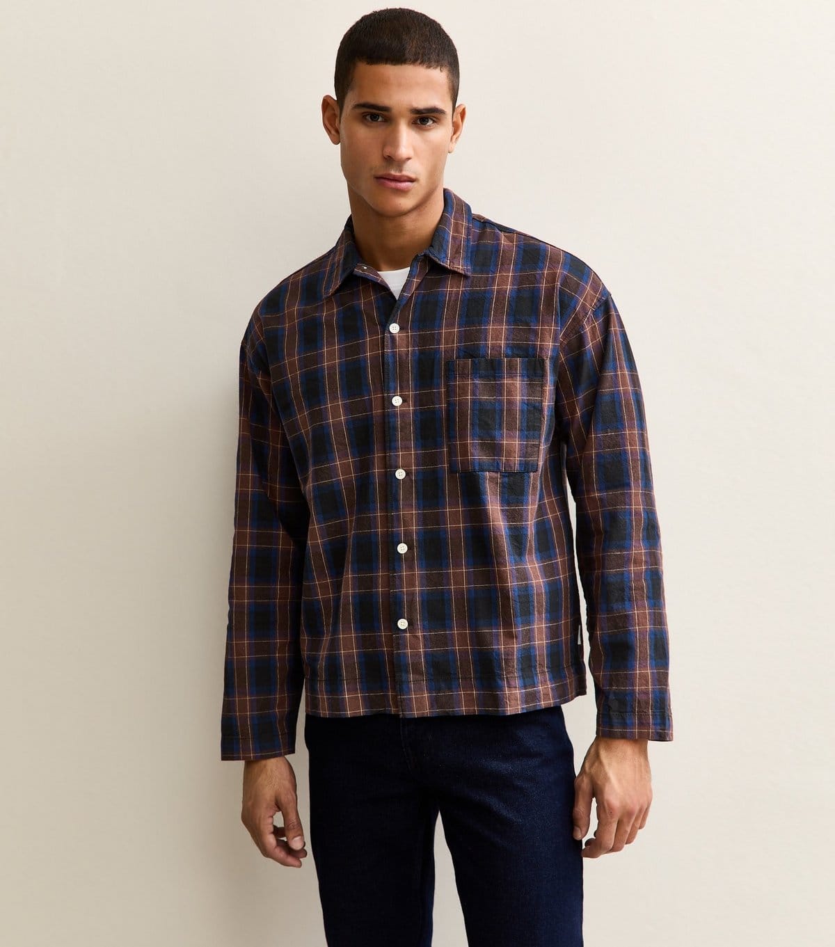 jack & jones Men's Dark Blue Boxy Long Sleeve Checked Shirt Jack & Jones New Look - 4