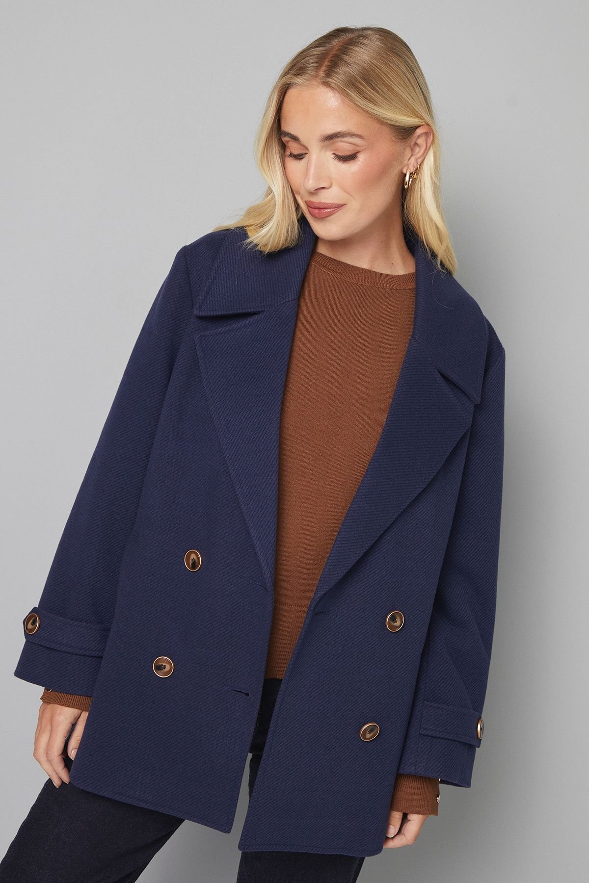 Wallis Wallis Women's Petite Mid Length Double Breasted Coat in Navy - 2