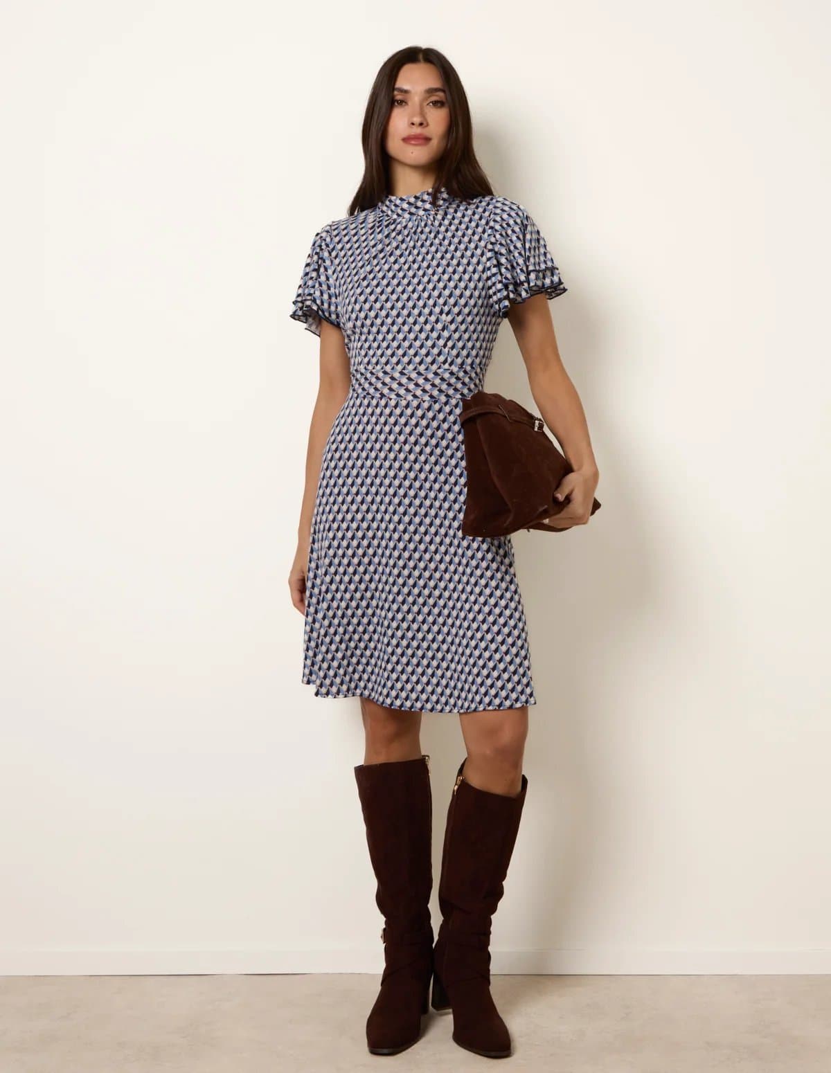 Blue Vanilla High Neck Angel Sleeve Mini Dress