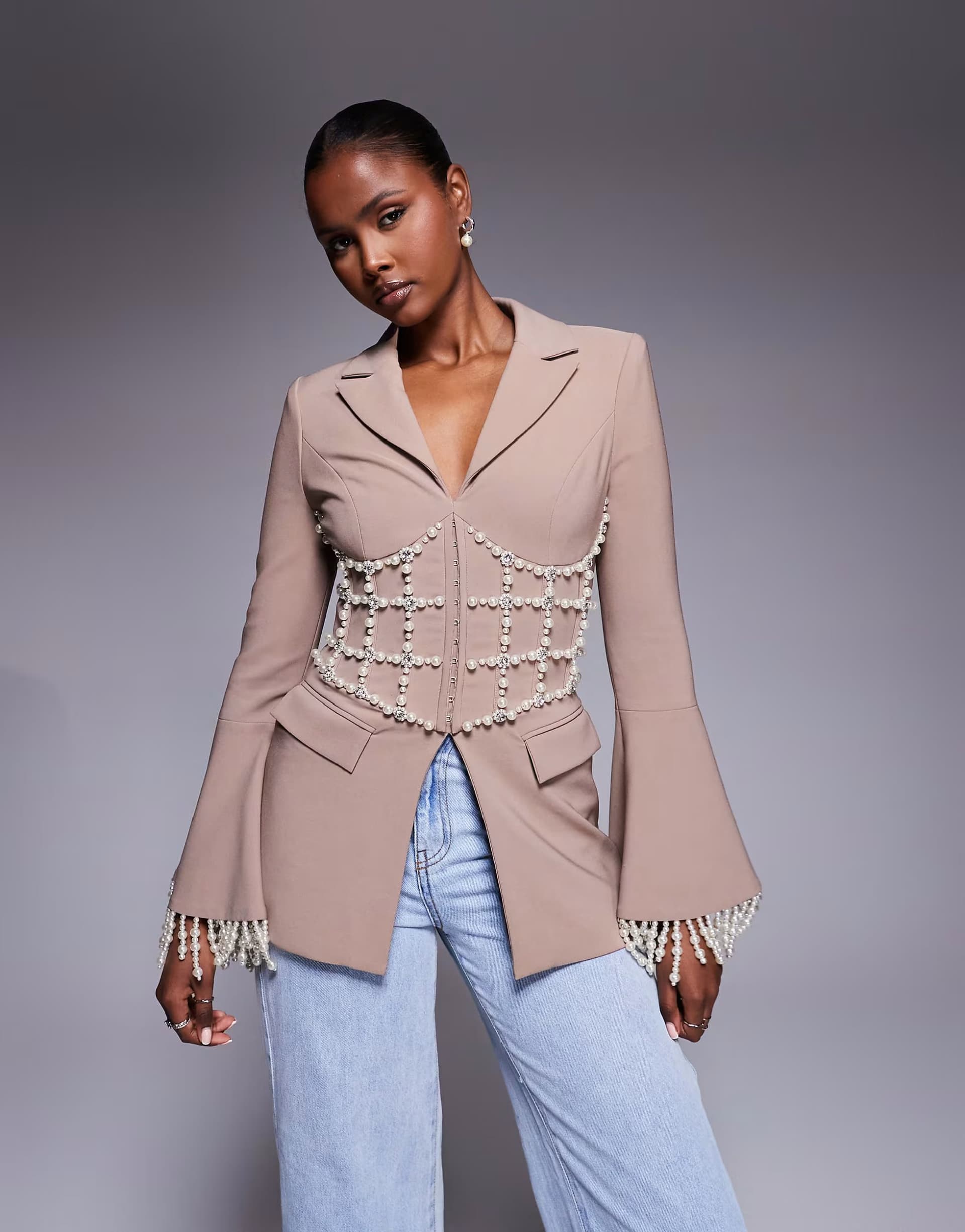 ASOS Lavish Alice pearl embellished blazer in mushroom