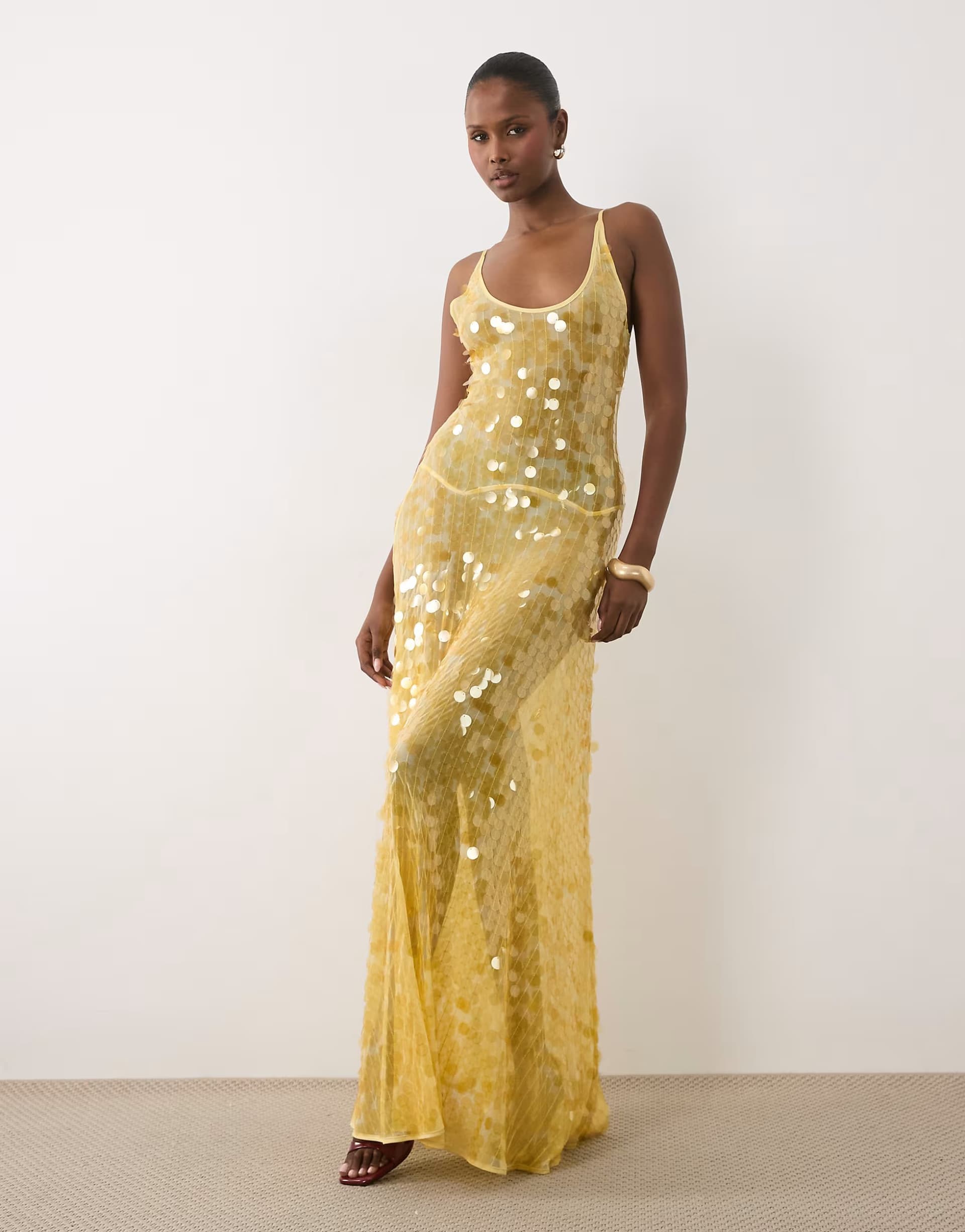 ASOS ASOS DESIGN disc scatter sequin scoop neck maxi dress in yellow