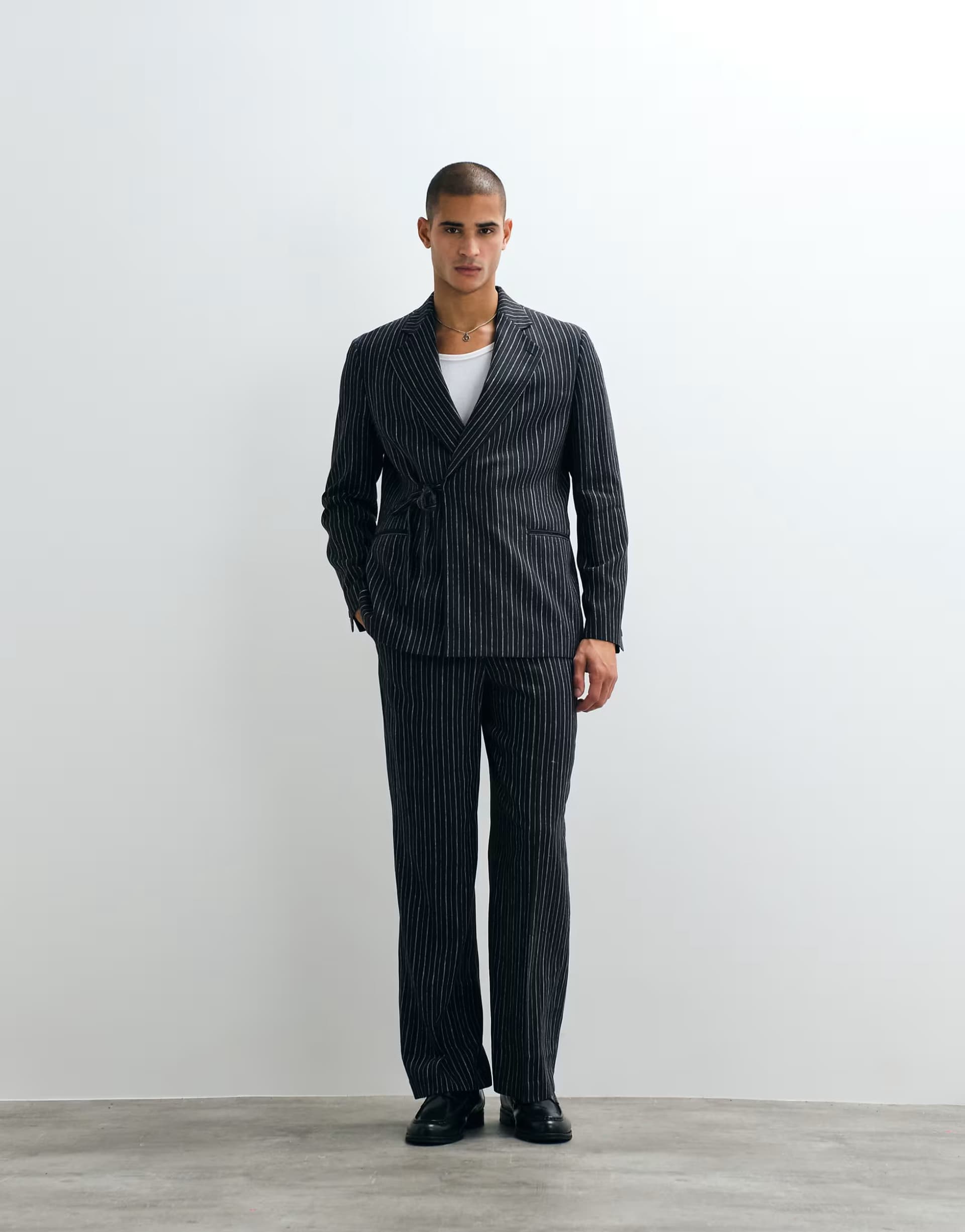 ASOS ASOS DESIGN wide linen rich suit trouser with elasticated waist in navy pinstripe