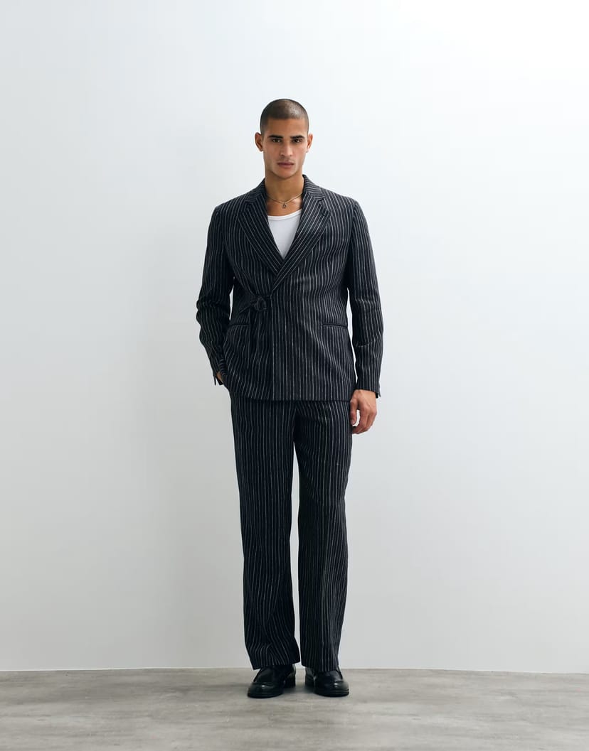 ASOS ASOS DESIGN wide linen rich suit trouser with elasticated waist in navy pinstripe - 1
