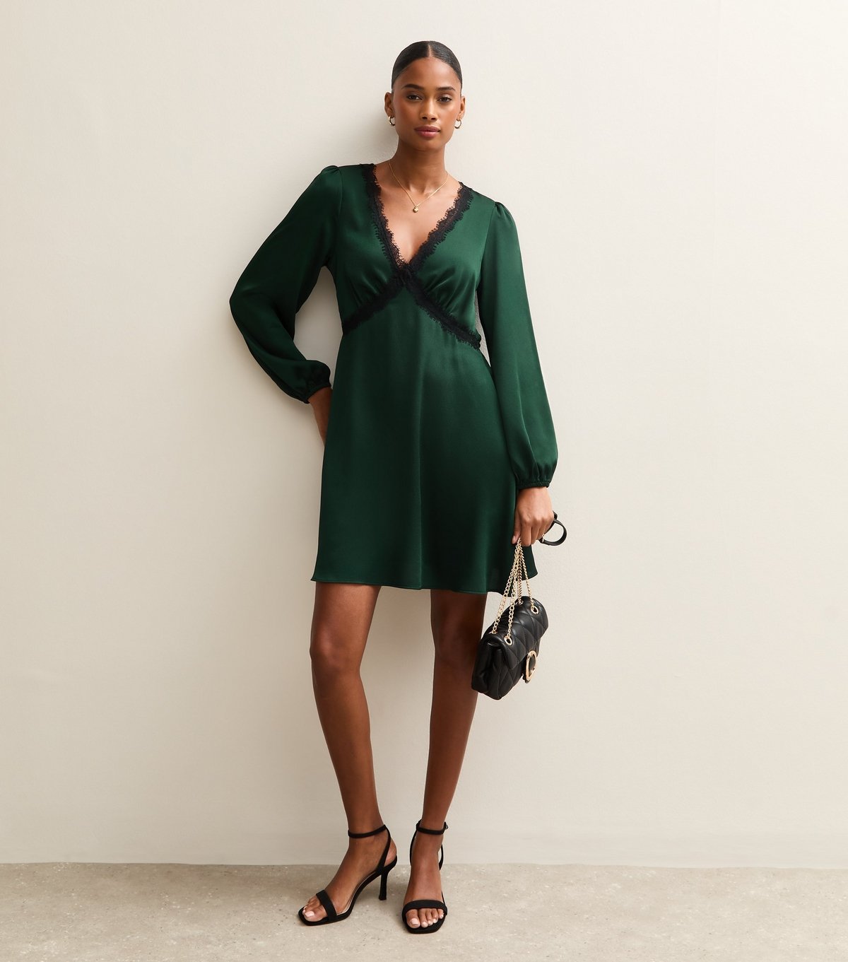 New Look Women's Dark Green Textured Satin Lace Trim Mini Dress New Look - 3