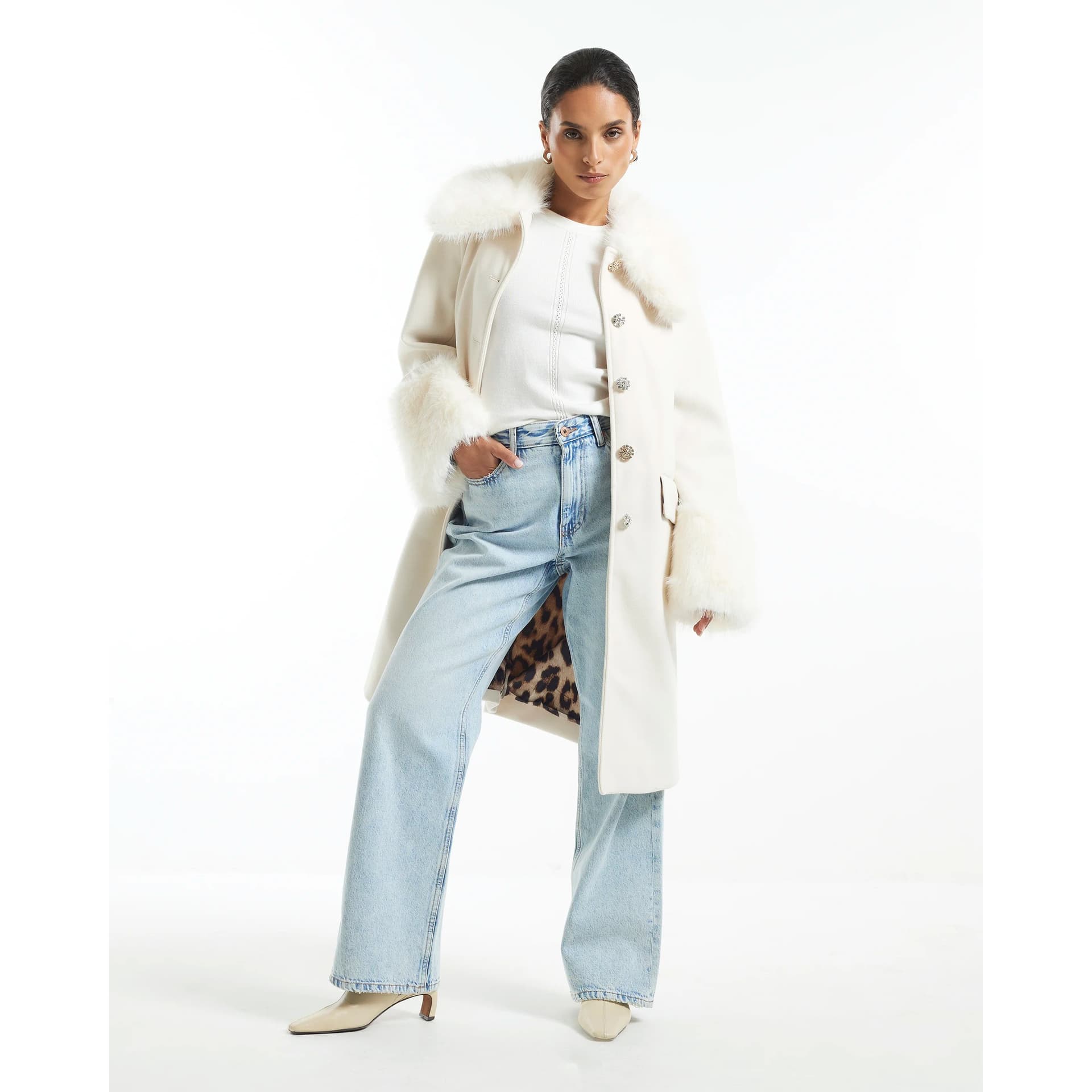 River Island River Island Womens Petite Cream Faux Fur Trim Coat
