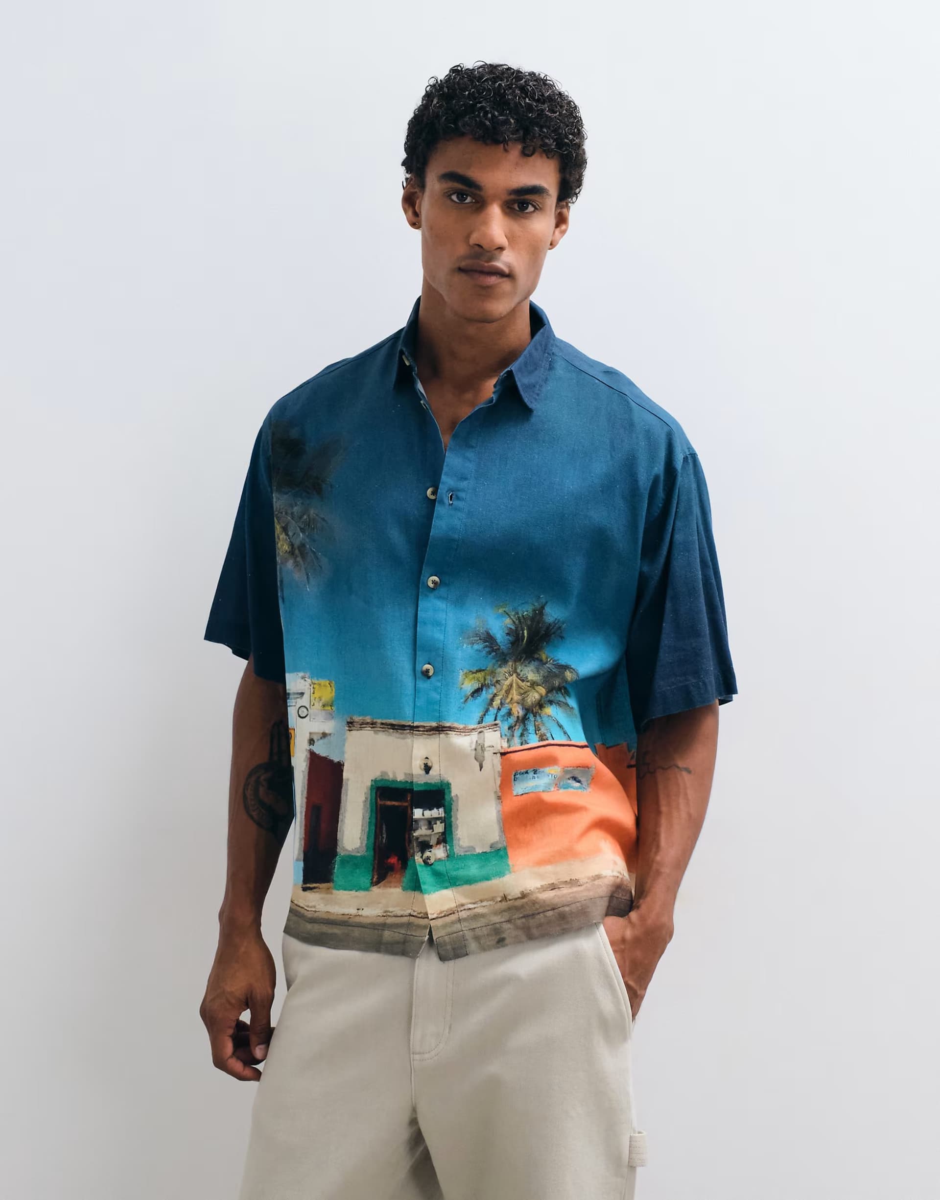 ASOS ASOS DESIGN oversized holiday print shirt with linen in blue