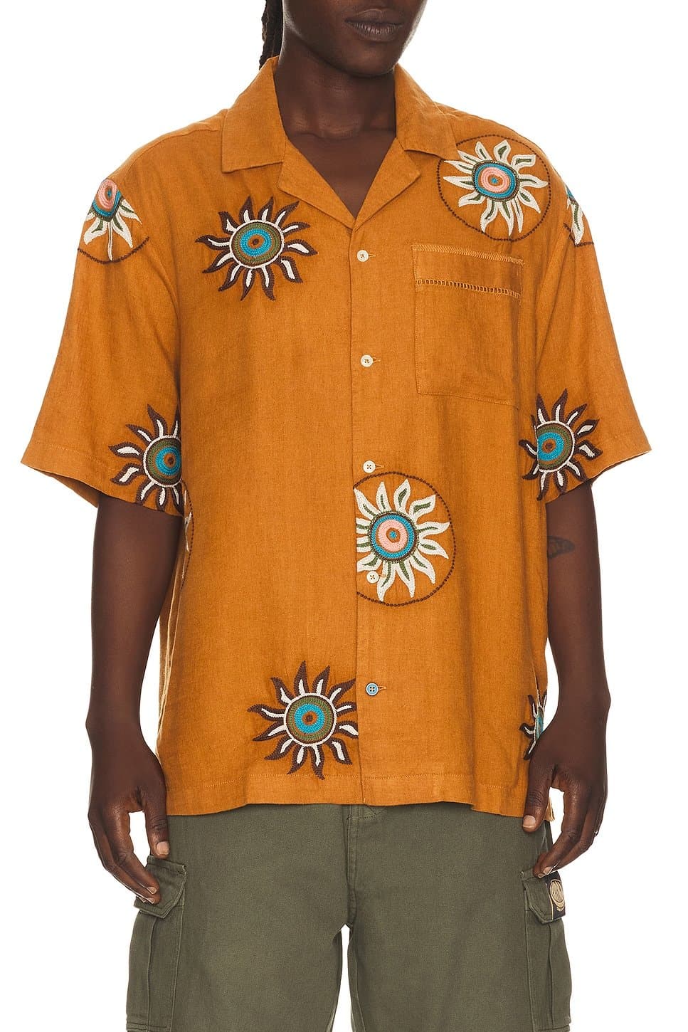 revolve Embroidered Linen Relaxed Fit Short Sleeve Shirt