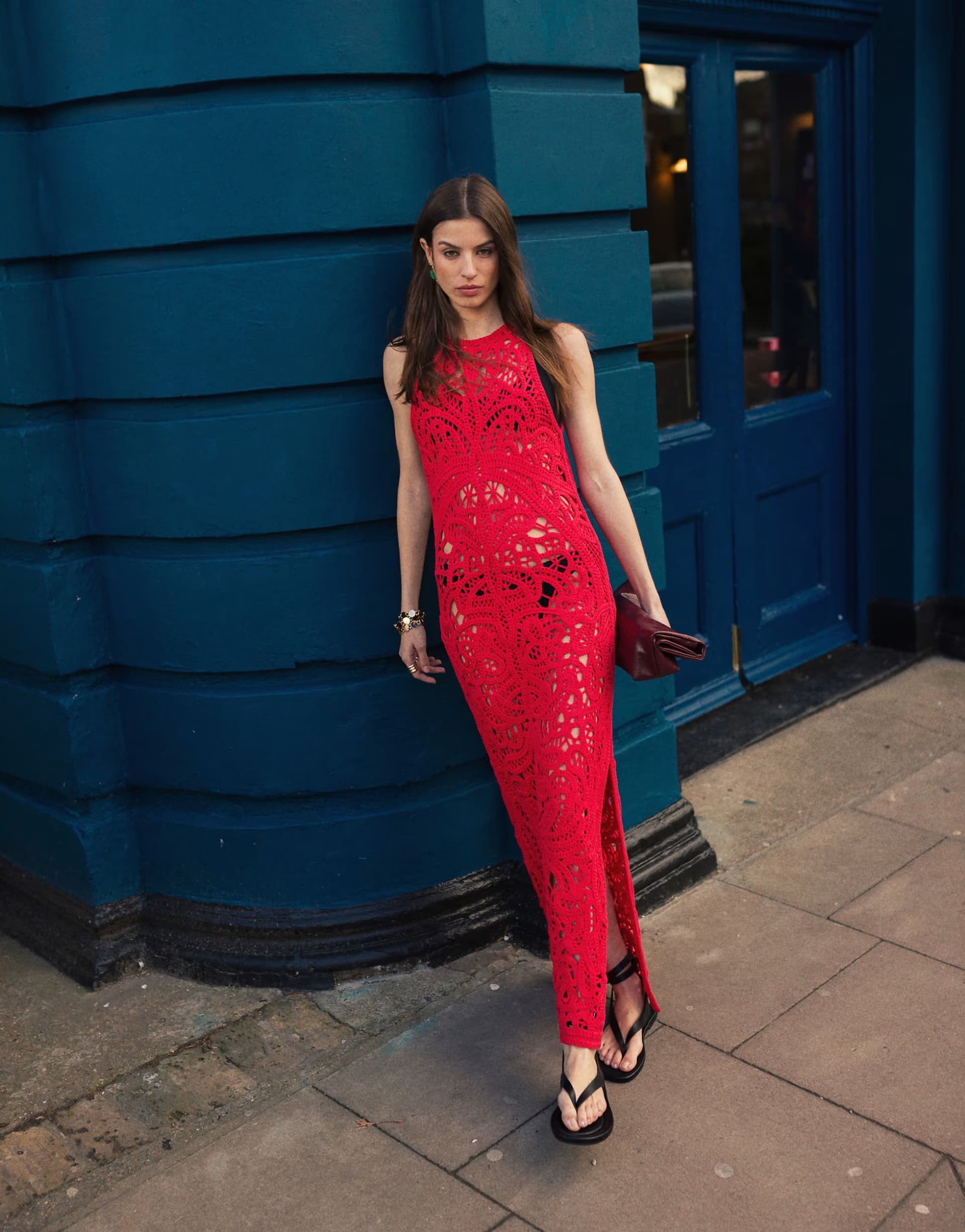 ASOS Topshop knitted premium crochet maxi dress in red