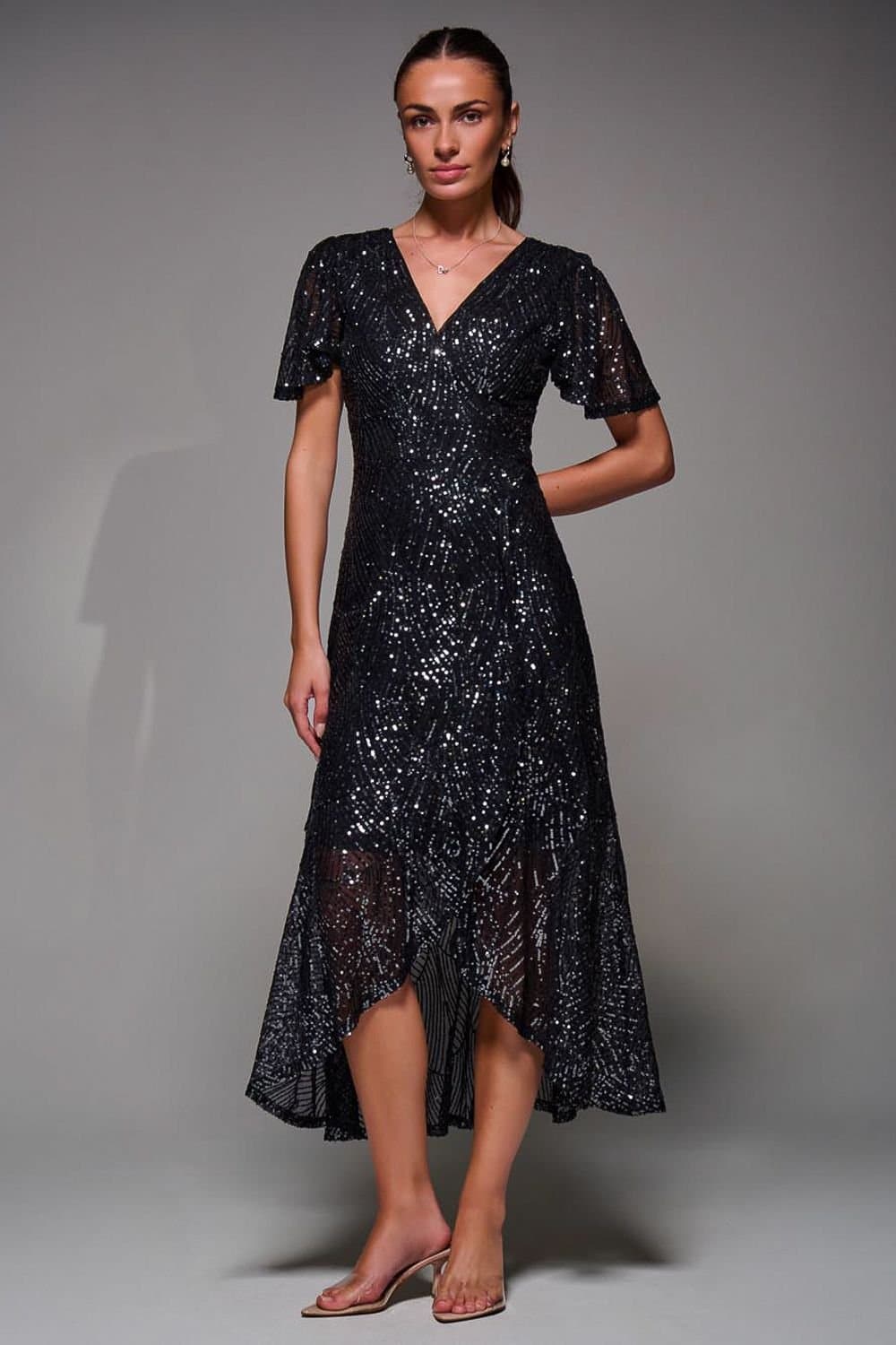 Jolie Moi Jolie Moi Women's Sequin Angel Sleeve Ruffle Hem Maxi Dress in Metallics