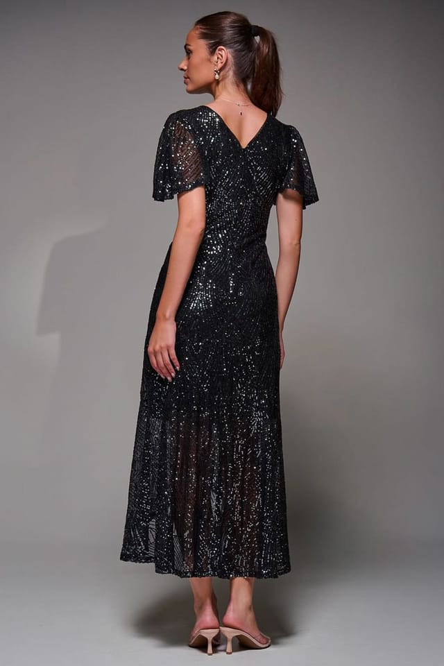 Jolie Moi Jolie Moi Women's Sequin Angel Sleeve Ruffle Hem Maxi Dress in Metallics - 2