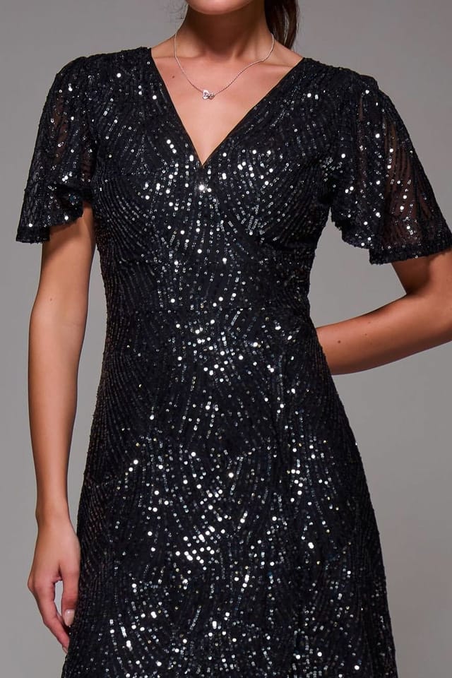 Jolie Moi Jolie Moi Women's Sequin Angel Sleeve Ruffle Hem Maxi Dress in Metallics - 3