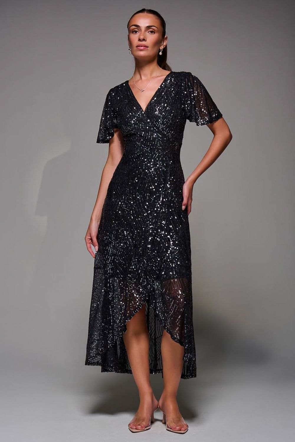 Jolie Moi Jolie Moi Women's Sequin Angel Sleeve Ruffle Hem Maxi Dress in Metallics - 4