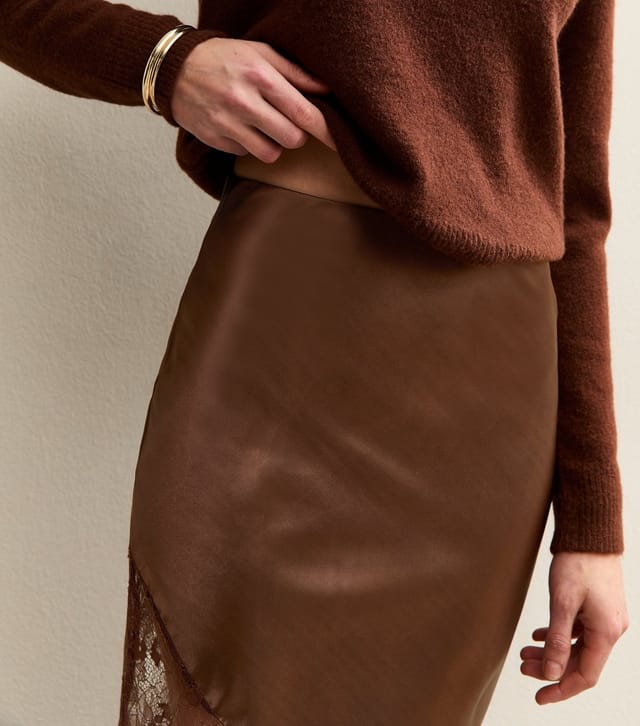 New Look Women's Brown Satin Lace Trim Asymmetric Bias Cut Maxi Skirt New Look - 3