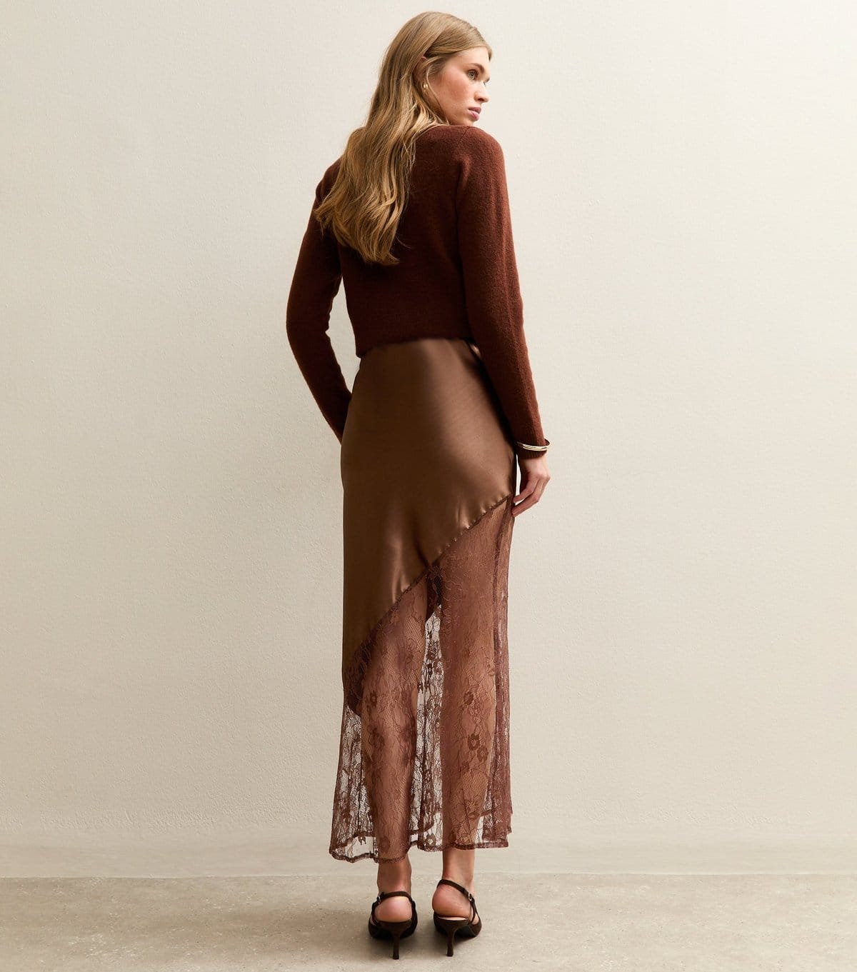 New Look Women's Brown Satin Lace Trim Asymmetric Bias Cut Maxi Skirt New Look - 4