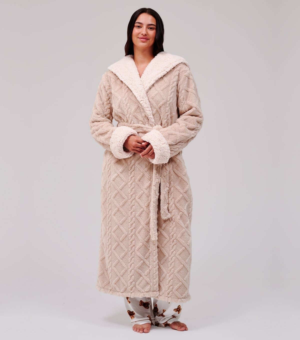 Loungeable Women's Light Brown Fleece Cable Knit Hooded Dressing Gown Loungeable New Look