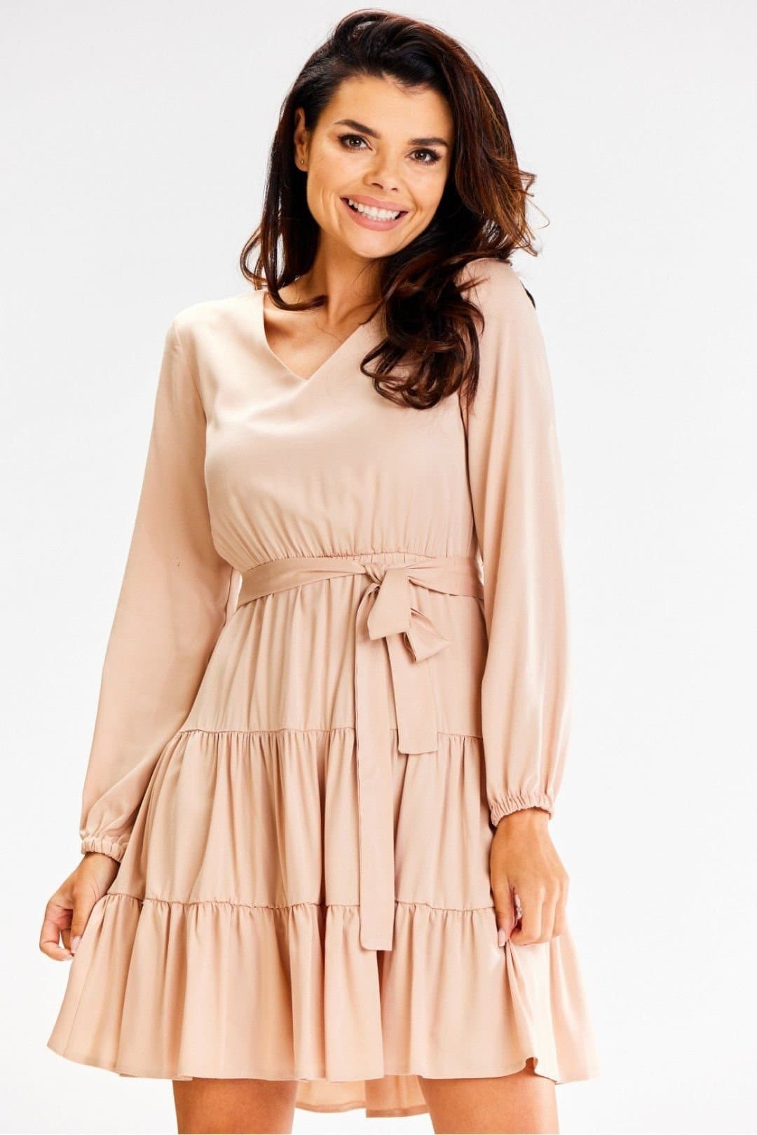 Love Lace Love Lace Women's Long Sleeve Ruffle Flared Dress Elastic Waist Belt in Beige