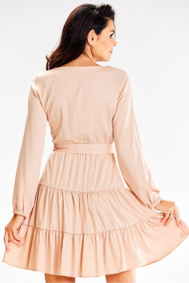 Love Lace Love Lace Women's Long Sleeve Ruffle Flared Dress Elastic Waist Belt in Beige - 3